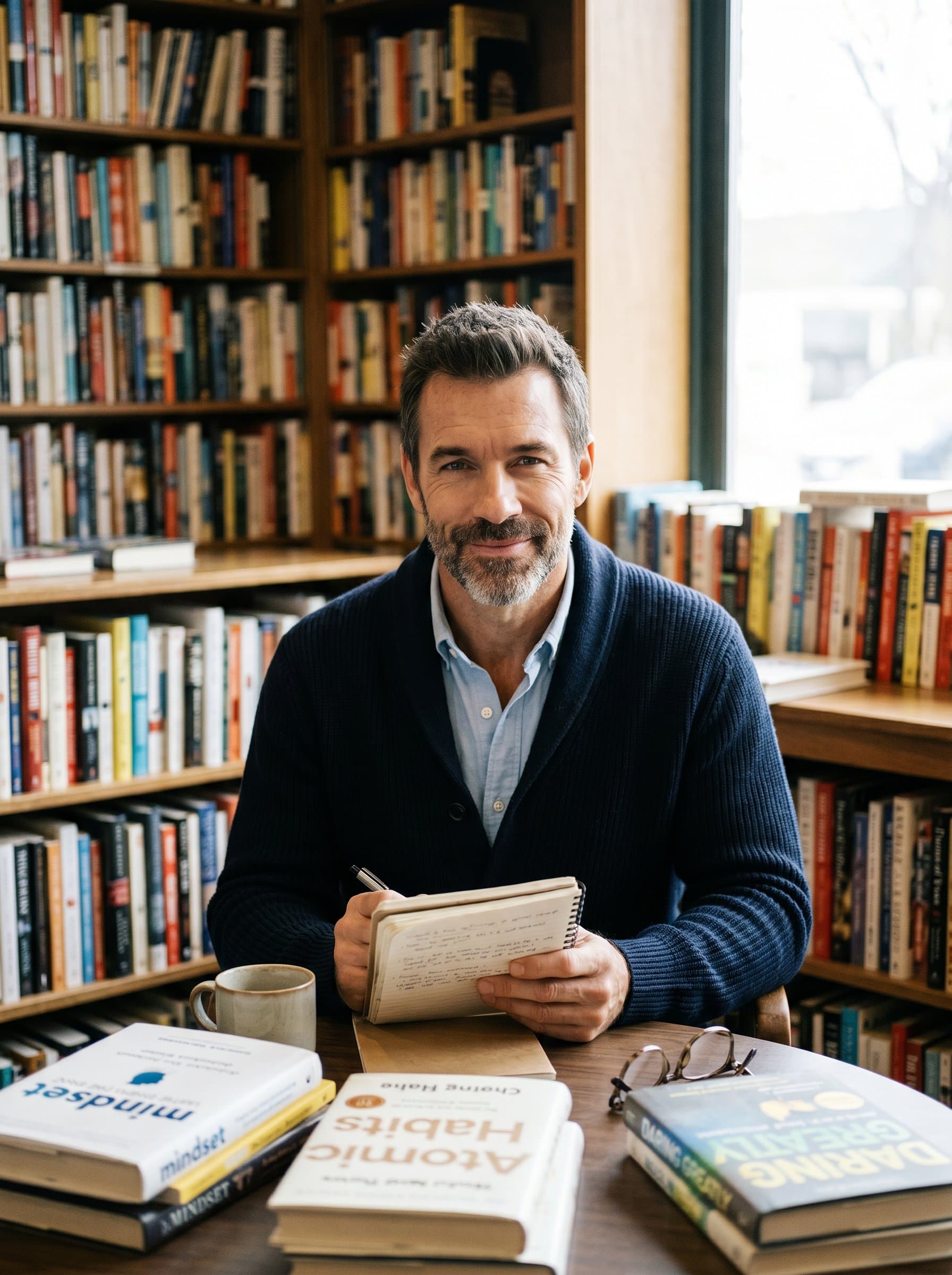 Produce a portrait of a life coach in a community library, surrounded by books. The setting highlights their wisdom and commitment to lifelong learning.