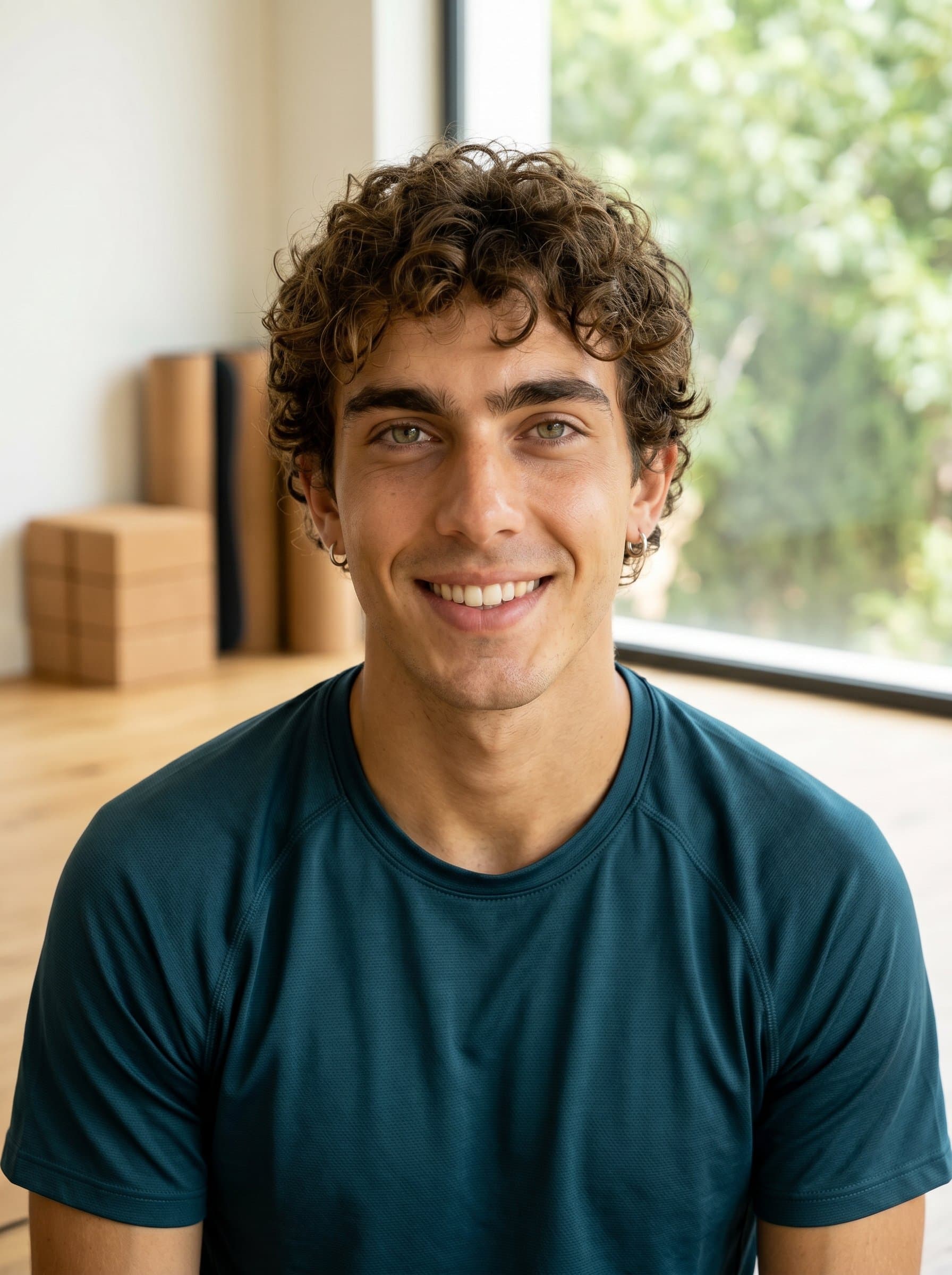 Create a headshot in a peaceful yoga studio. The calming atmosphere and focused expression of the coach emphasize their dedication to mindfulness and well-being.