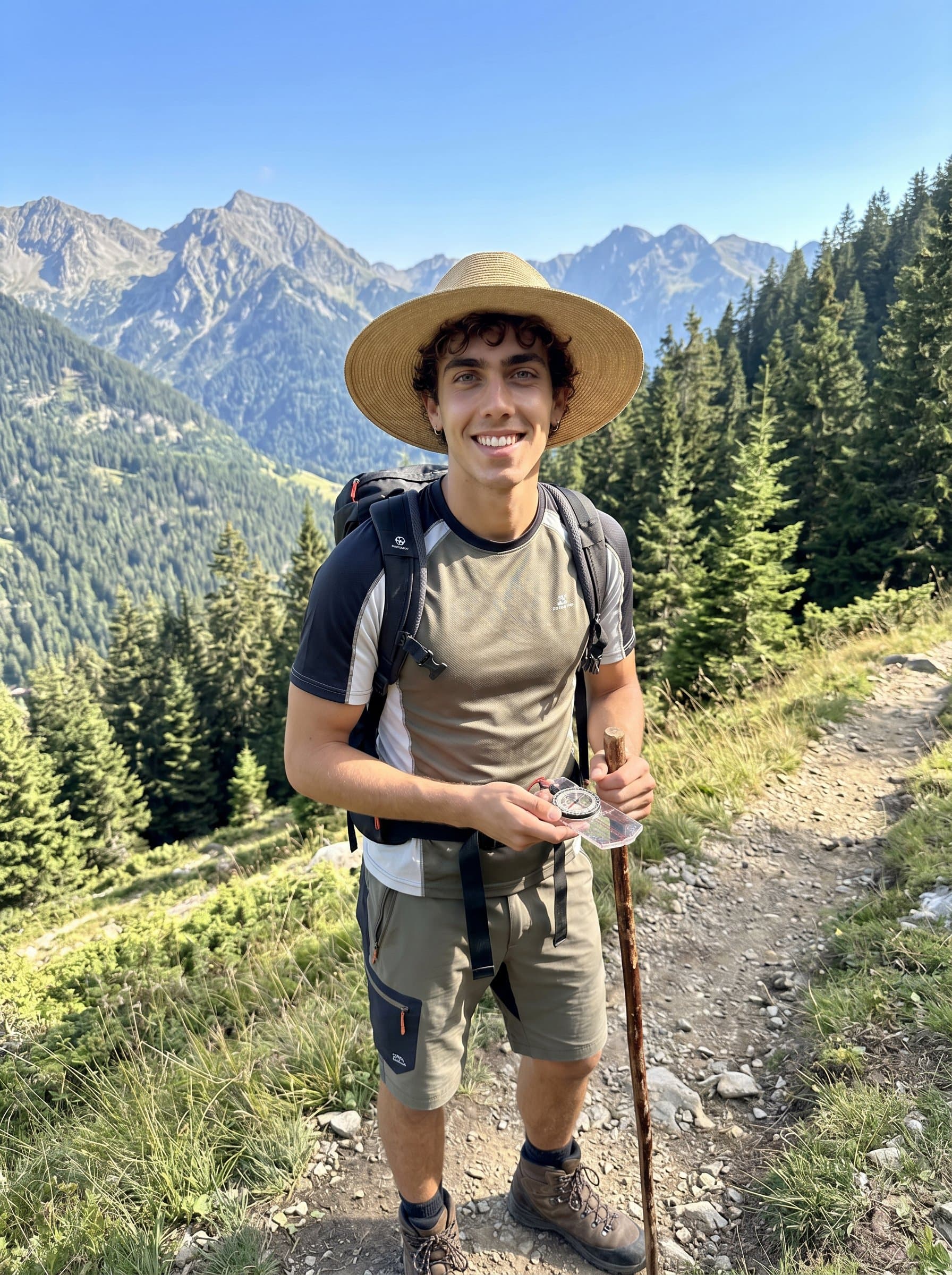 Produce a portrait of a life coach on a scenic hiking trail, representing their adventurous spirit and love for nature's wisdom.