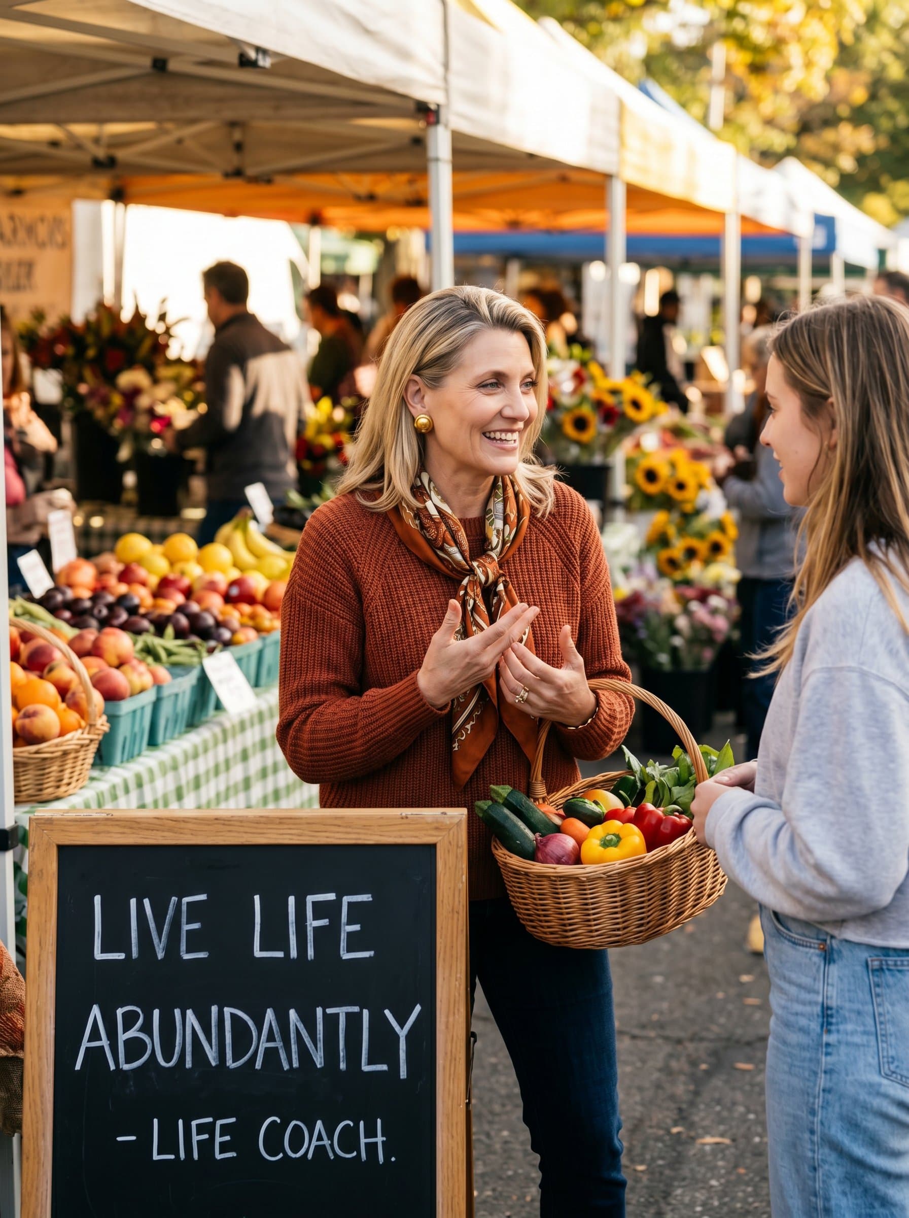 Capture a of a life coach at a vibrant farmer's market. The colorful produce and lively environment symbolize abundance and a zest for life.