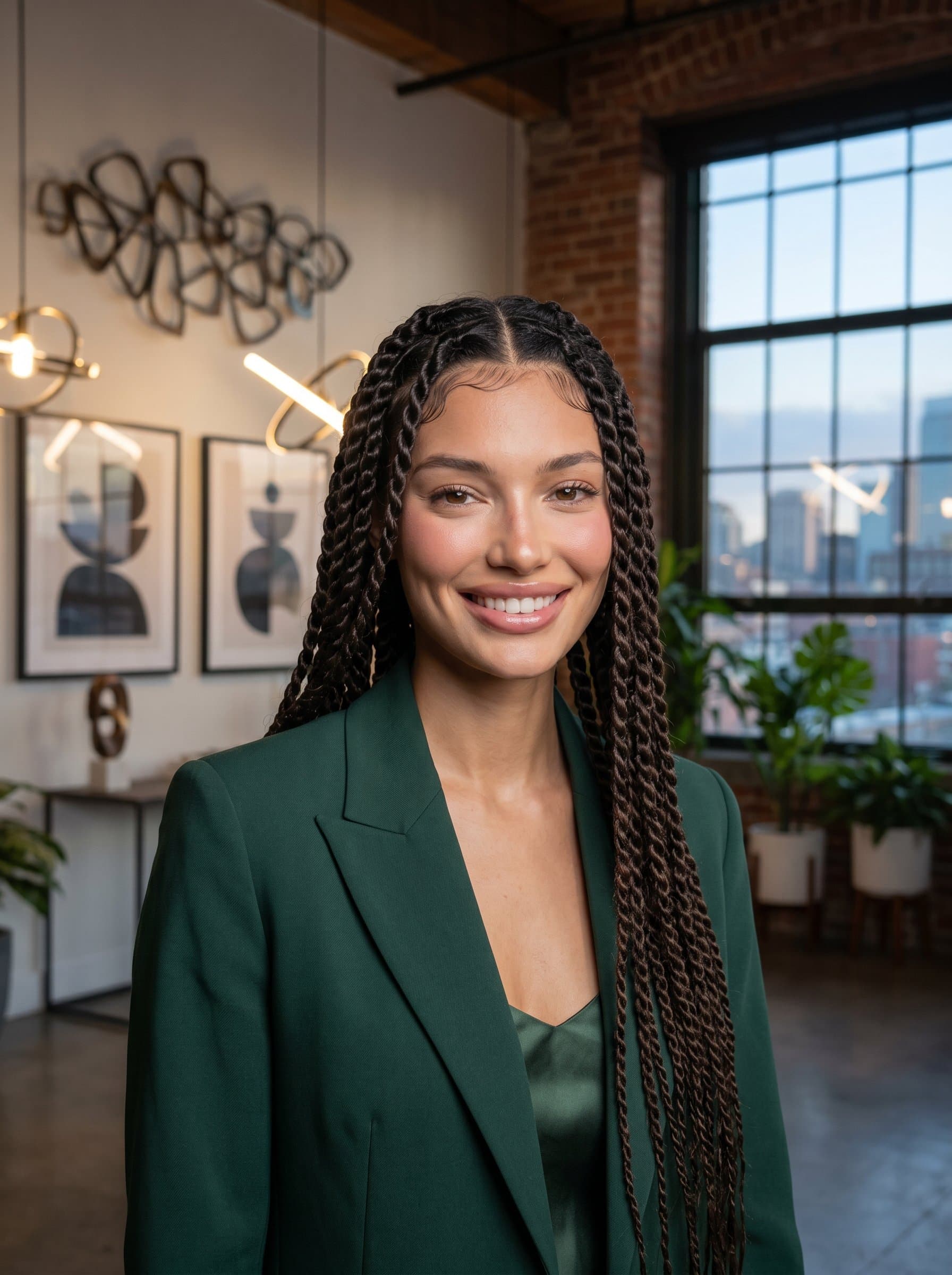 Produce a headshot with a life coach in a chic, modern loft. The artistic decor and urban vibe highlight their trendsetting nature and innovative thinking.