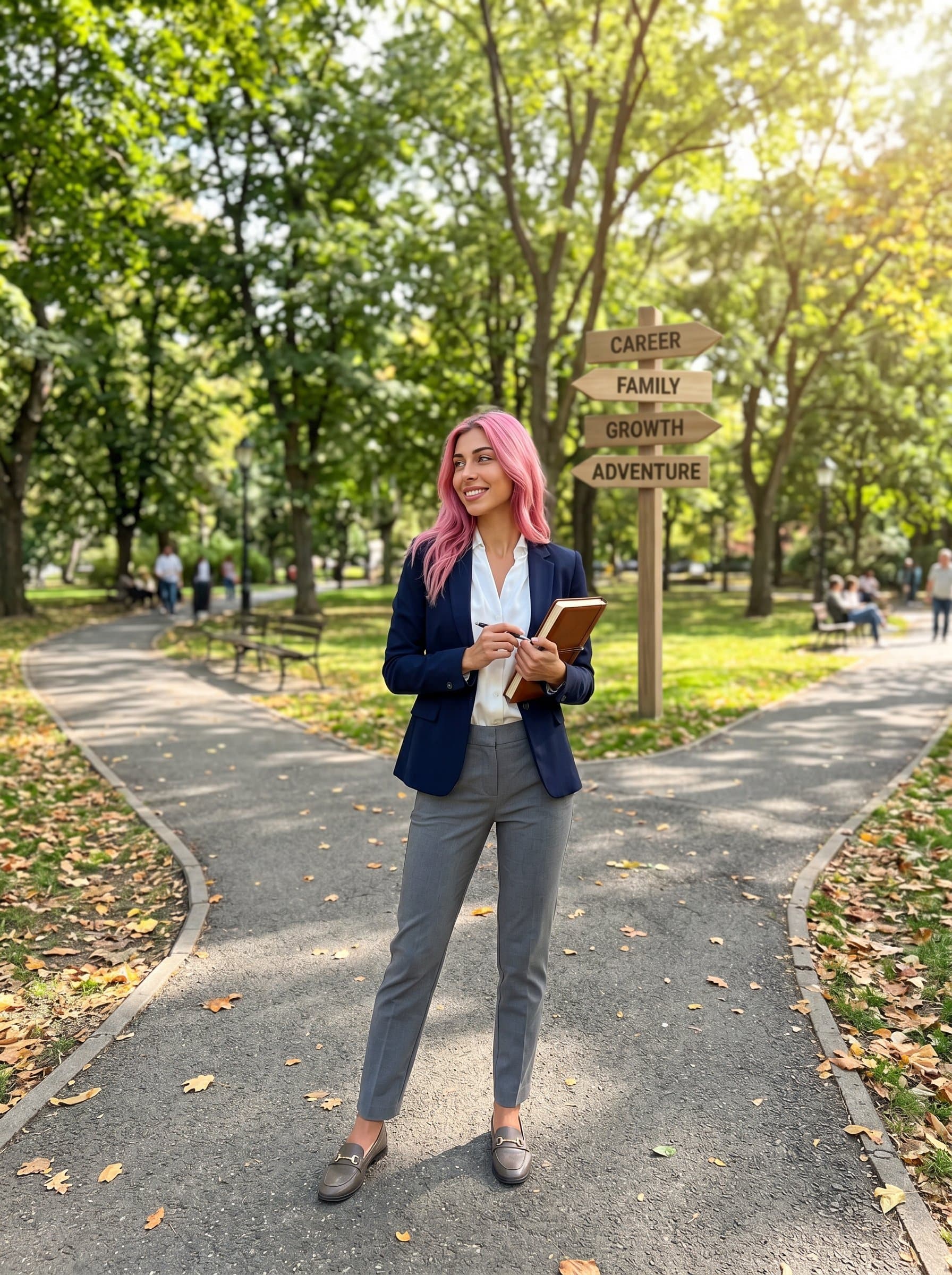 Capture a image where the life coach stands at a crossroads in a city park, symbolizing guidance and the journey of making life choices.