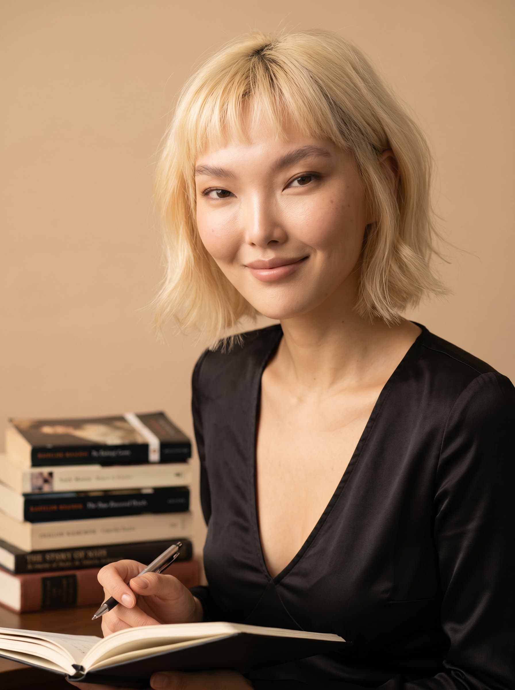author with a Classic Elegance style, featuring a serene expression. The background is a soft beige, enhancing the woman's warm smile and inviting eyes. Photorealistic, capturing timeless sophistication.