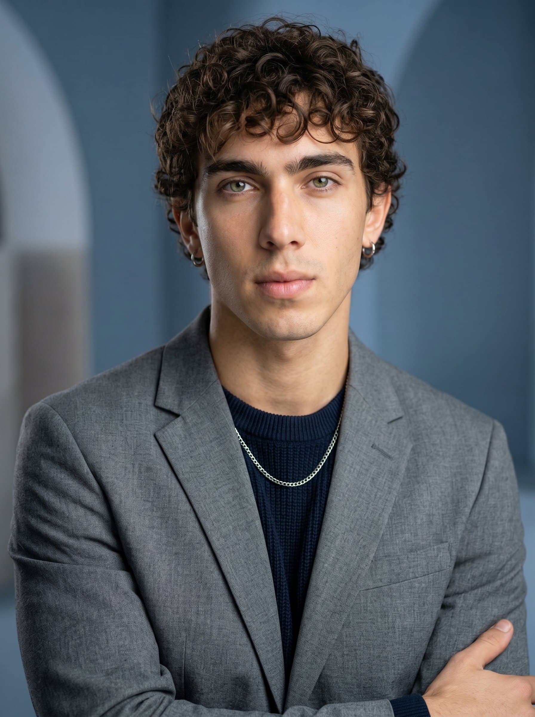 Modern Chic headshot with a composed expression. Background in subtle shades of blue, conveying a sense of calm and professionalism. Highlights a contemporary, trendsetting author.