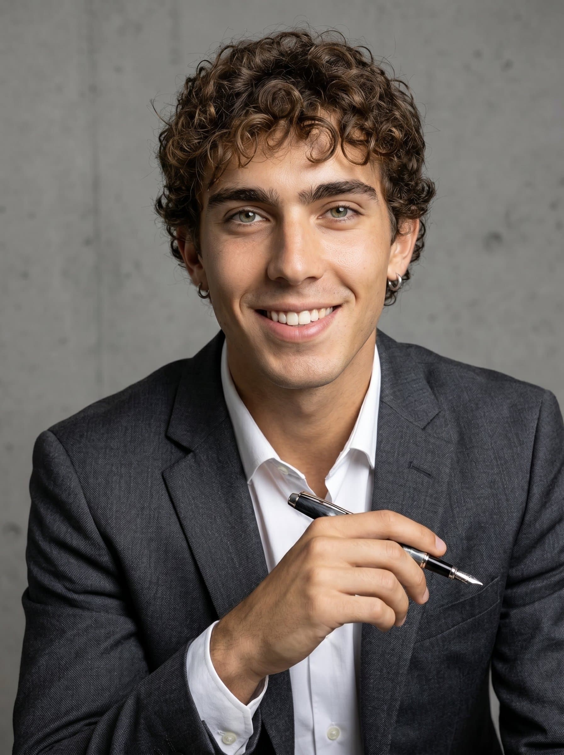 Create a headshot for a Modern Chic author; highlight their confident gaze. Neutral gray backdrop with subtle textures enhances the sharpness of the attire. Focus on sleek and polished appearance.