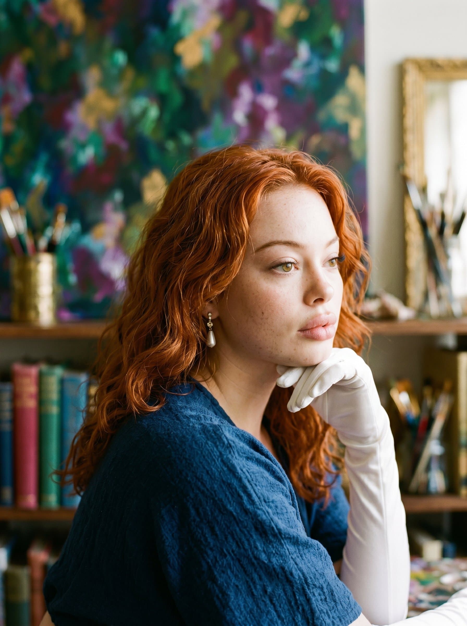 Create a author headshot with Artistic Flair. The woman's eyes are contemplative against a softly blurred, colorful background. Captures the essence of a creative and imaginative mind.