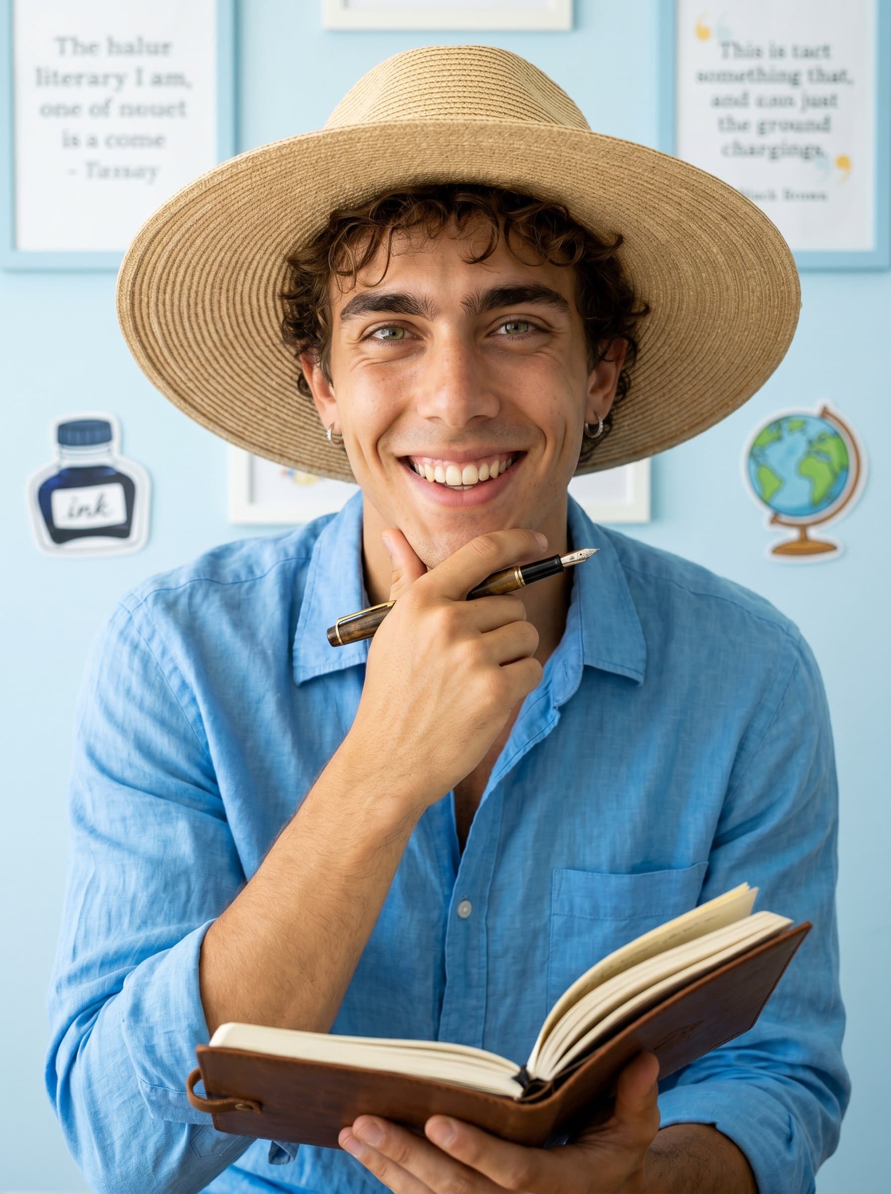 Whimsical Charm for a author; a quirky, playful smile. Background in light sky blue, adding a hint of fun without overpowering the man. Eyes shine with curiosity and humor.