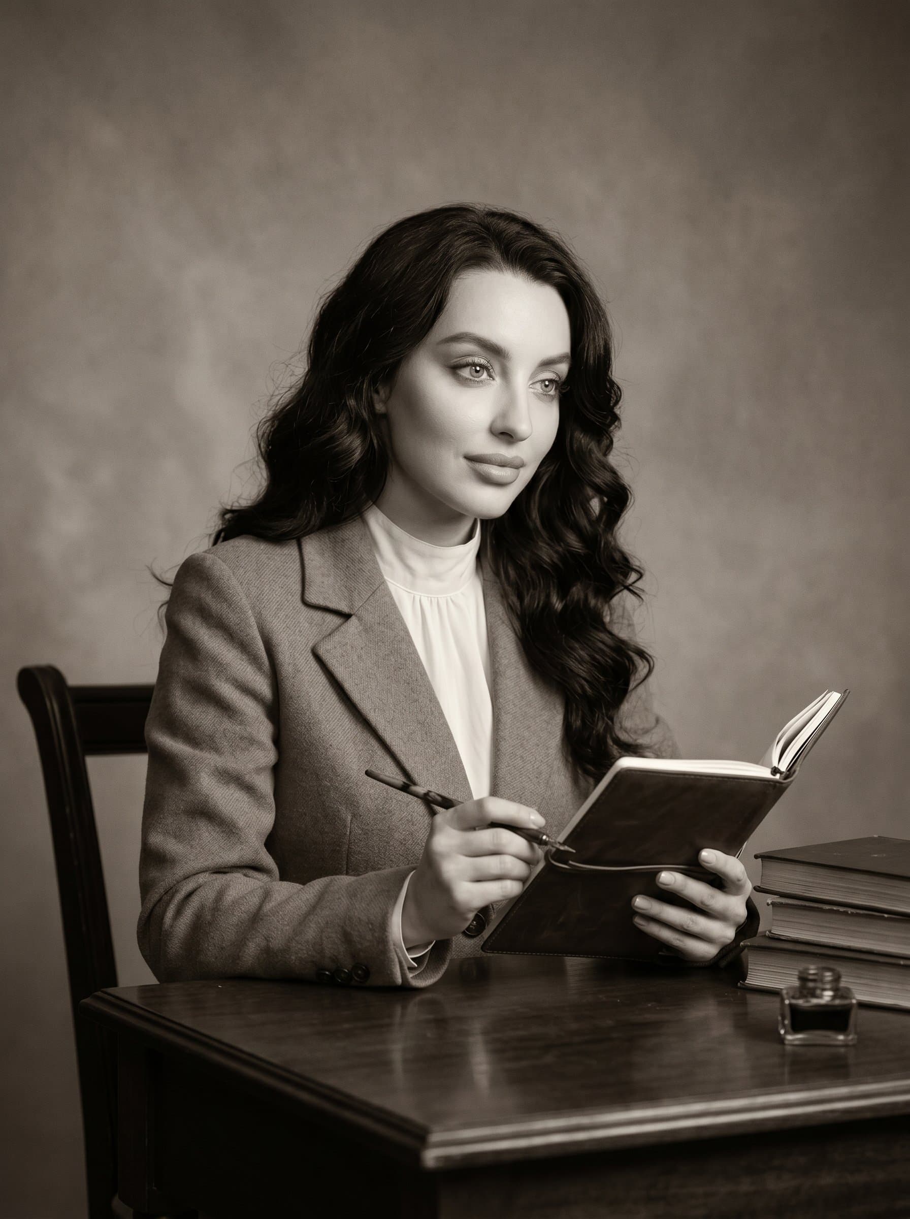 A author in Classic Elegance, radiating wisdom. Sepia tone for a vintage touch, with a plain, soft-focus backdrop that emphasizes the woman's refined demeanor.