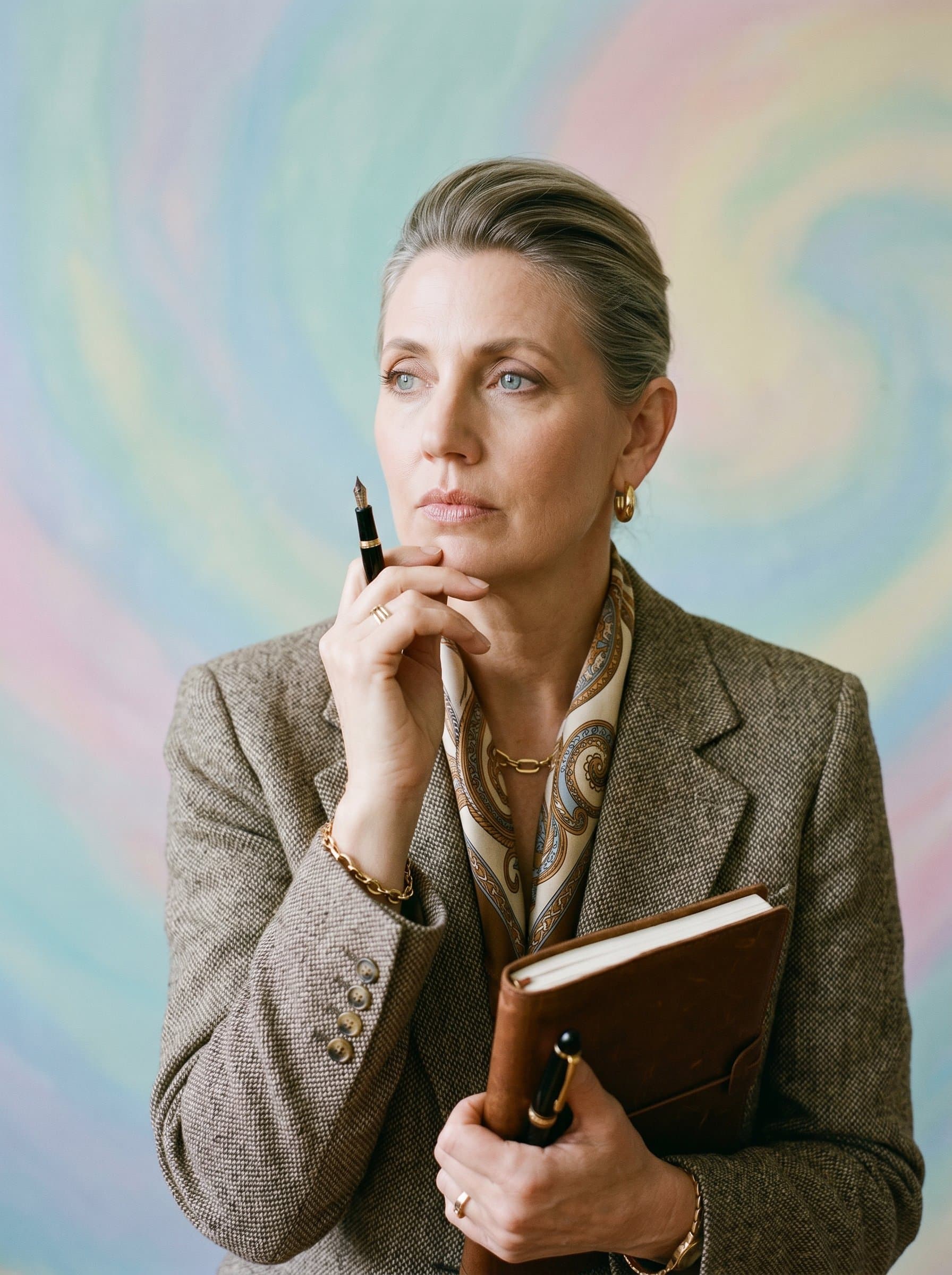 Artistic Flair for a author, showcasing a thoughtful expression. Background is a muted pastel swirl, drawing attention to the woman's creative spirit. Eyes convey depth and imagination.