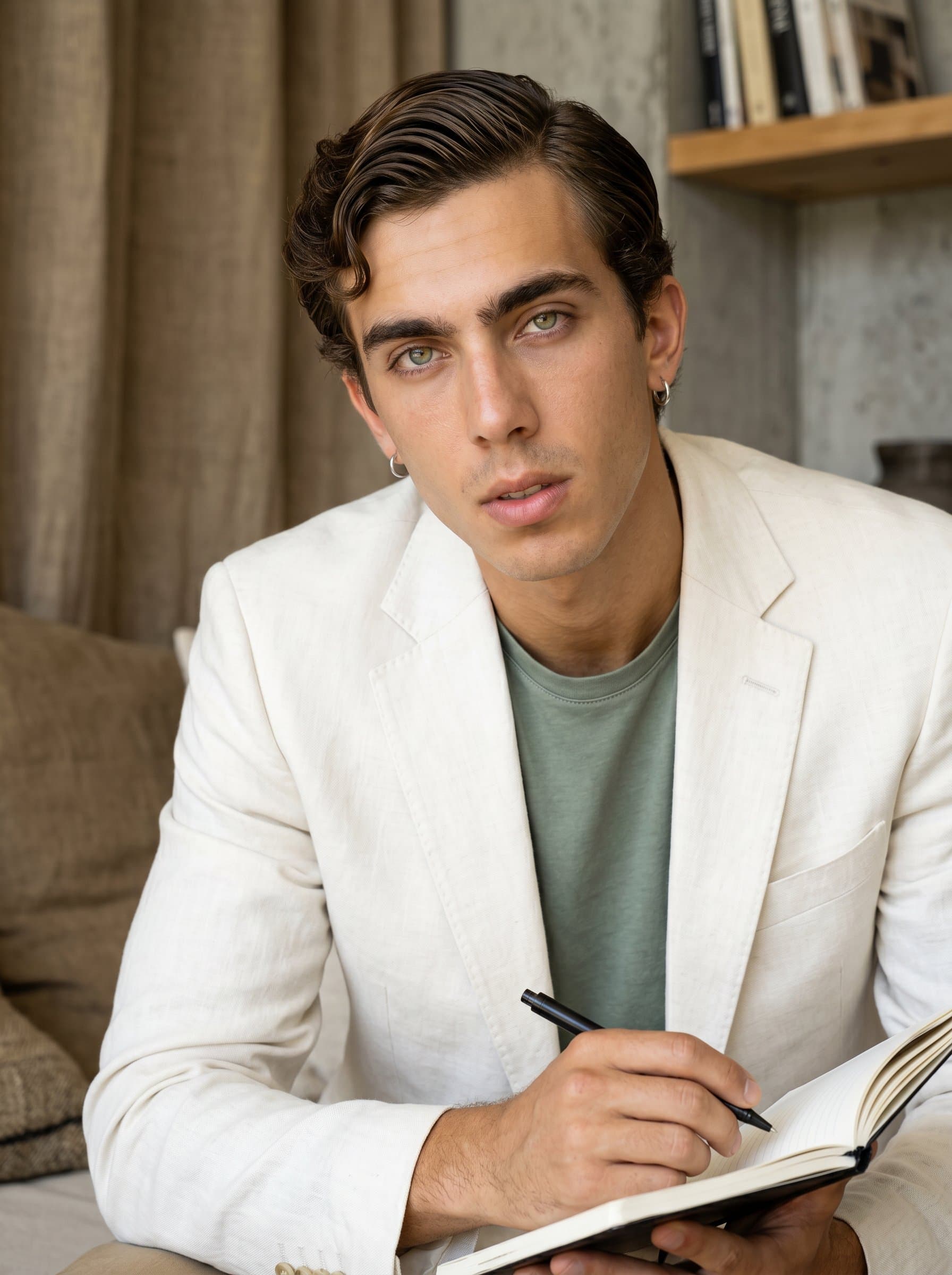 Modern Chic headshot capturing a dynamic author with a sleek hairstyle. Neutral earth-tone background to match the contemporary and stylish look.