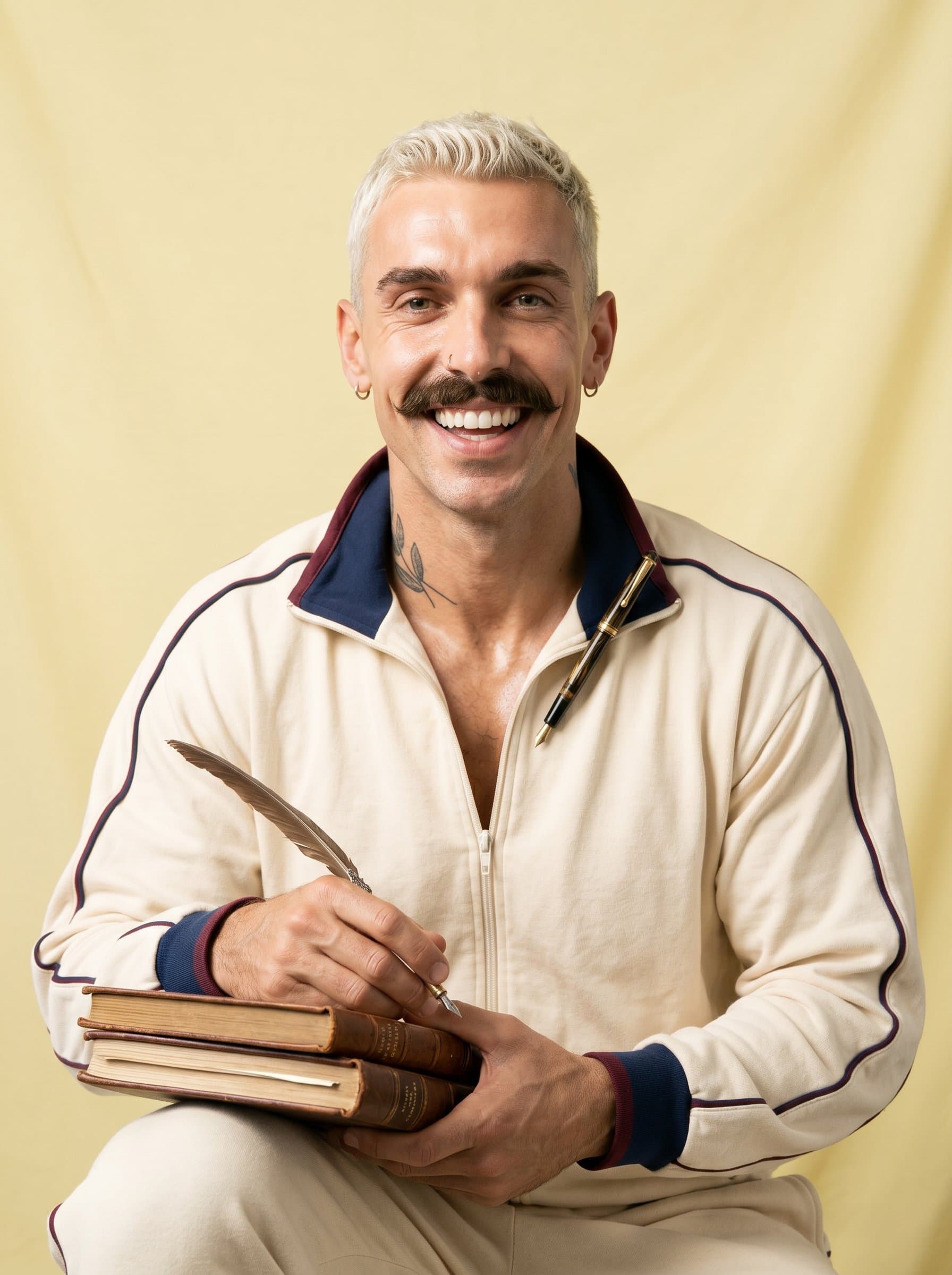 Whimsical Charm for a author, with a lighthearted grin. Background in pastel yellow, subtle and soft, drawing attention to the friendly, uplifting expression.