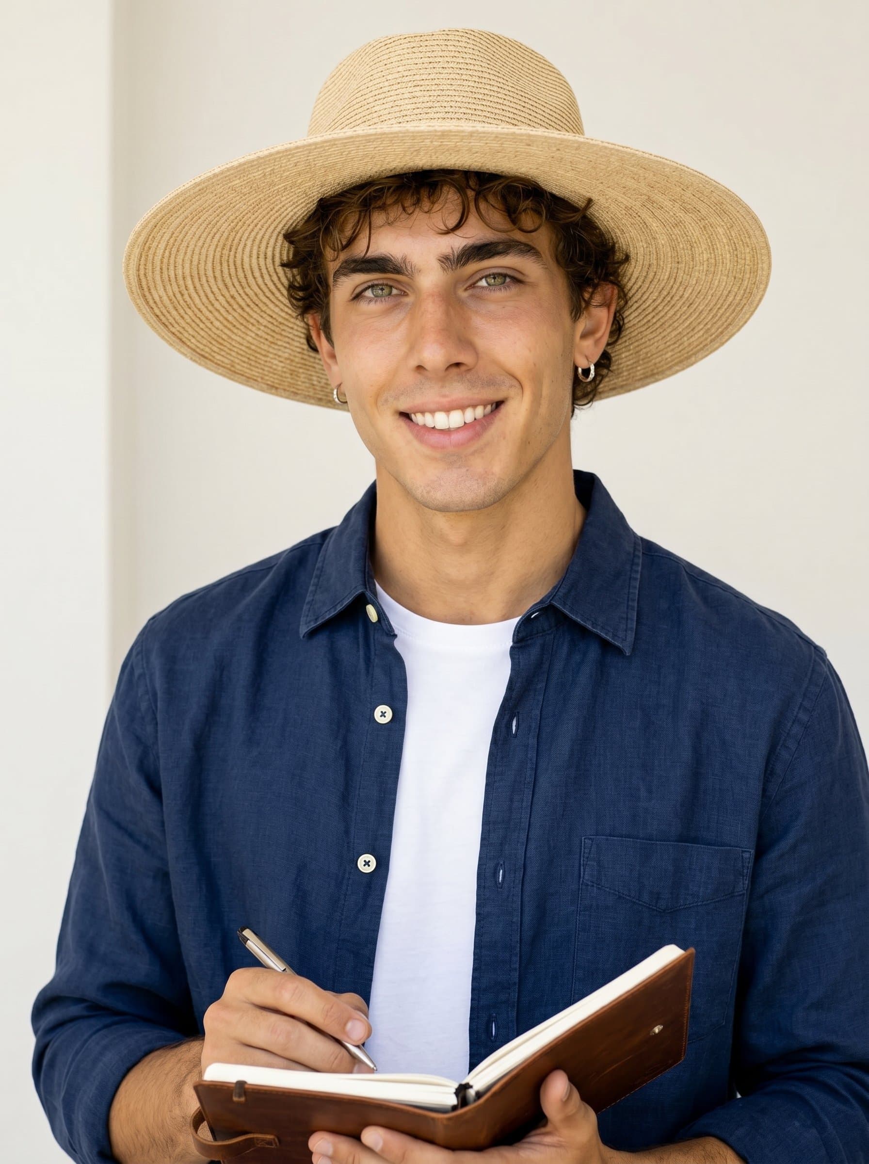 Capture Casual Confidence for a author, with a warm and inviting expression. Background is a gentle off-white, emphasizing the approachable nature of the man.