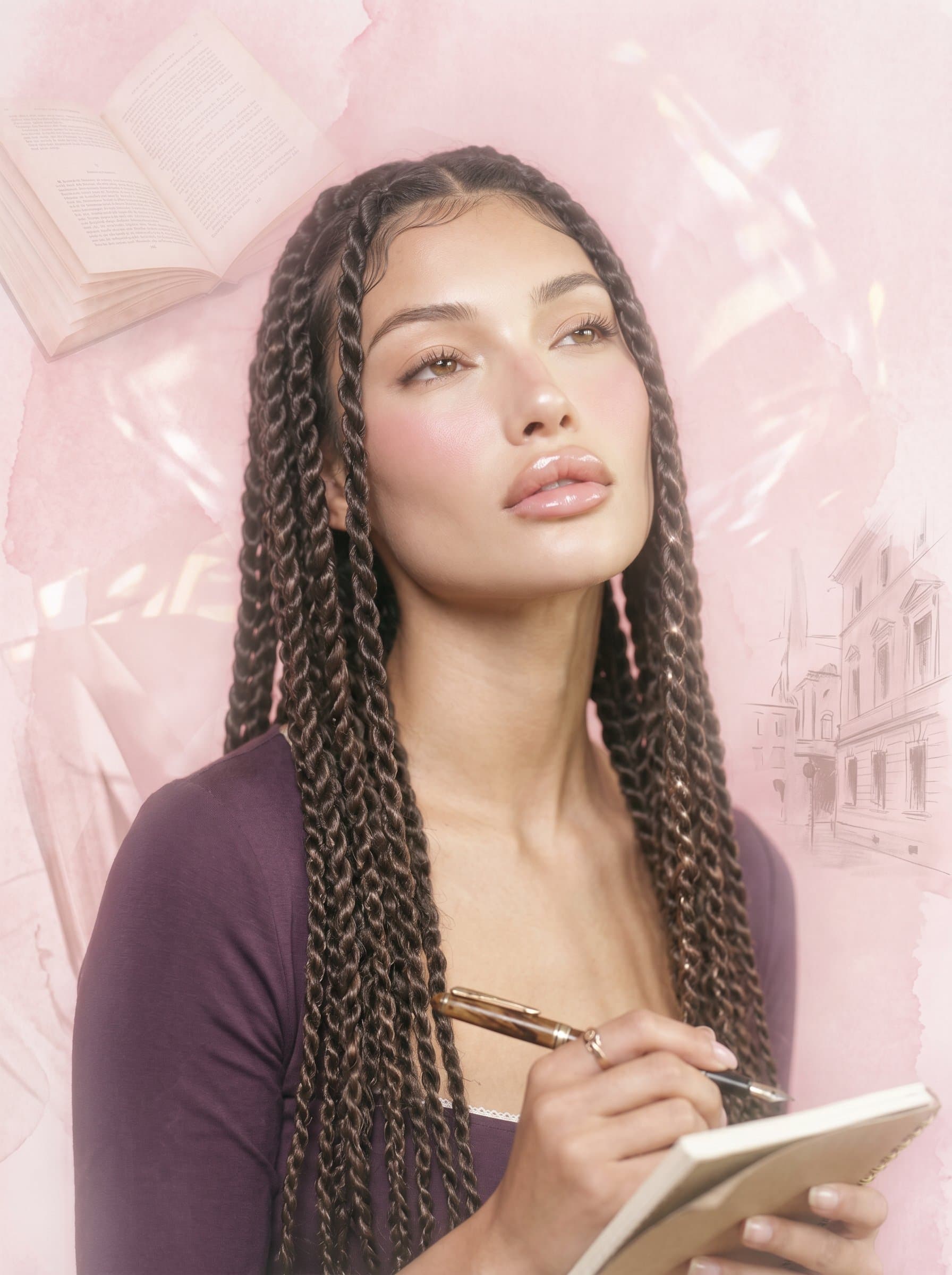 Artistic Flair in a author headshot, showcasing a dreamy expression with a faintly textured background that highlights the woman’s innovative spirit.