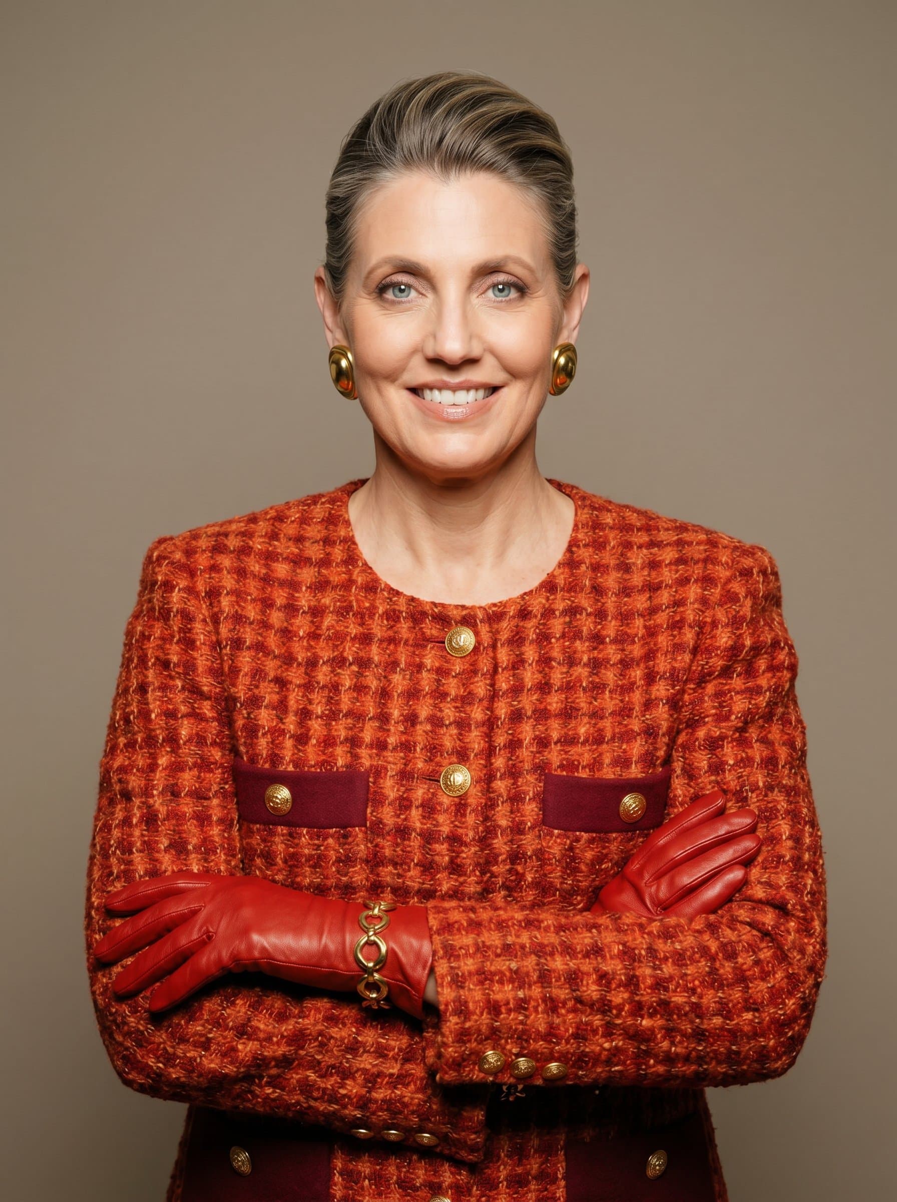 Classic Elegance in a author headshot, with a neutral taupe background, the focus is on the dignified, welcoming expression that exudes professionalism.