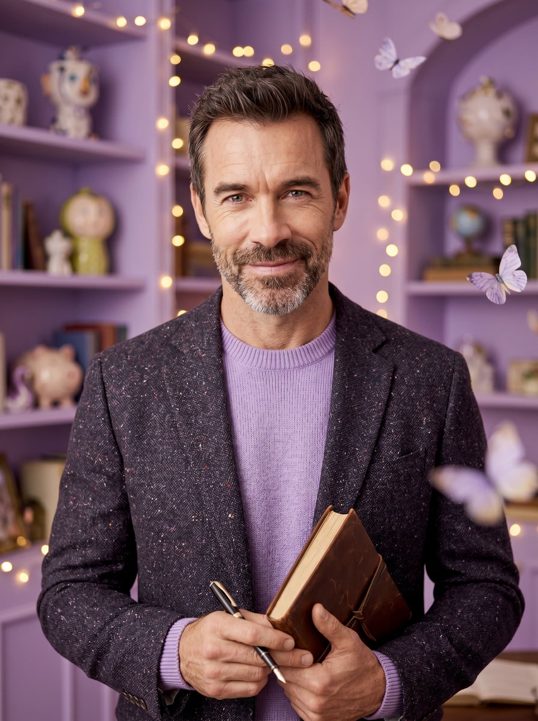 Whimsical Charm for a author smiling gently. Background in soft lavender complements the playful and enchanting nature of the man’s expression.