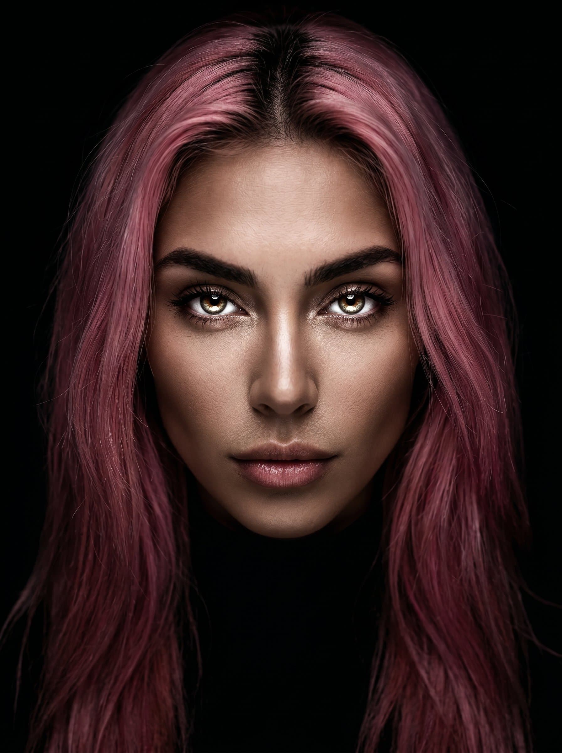 headshot with Dramatic Impact, the woman's strong, piercing eyes are accentuated against a stark black background, creating a powerful and commanding presence.