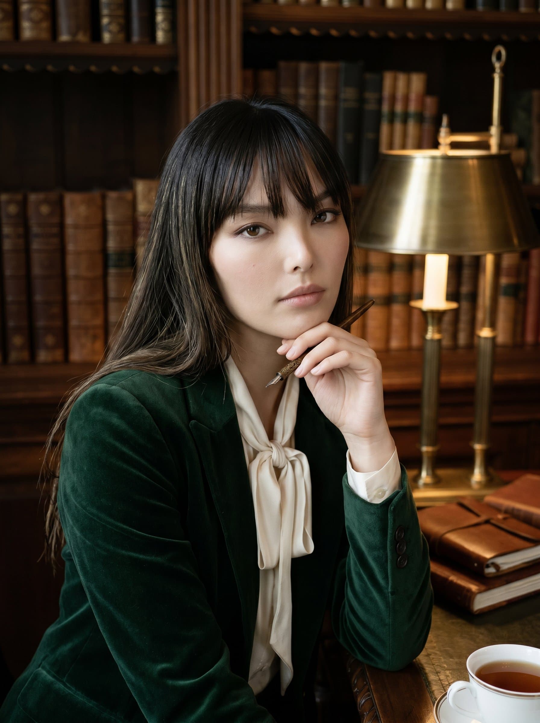 : A classic headshot of a writer in a historic library, surrounded by ancient tomes and wooden shelves. Soft, warm lighting highlights the contemplative expression. Professional attire with a hint of vintage flair.