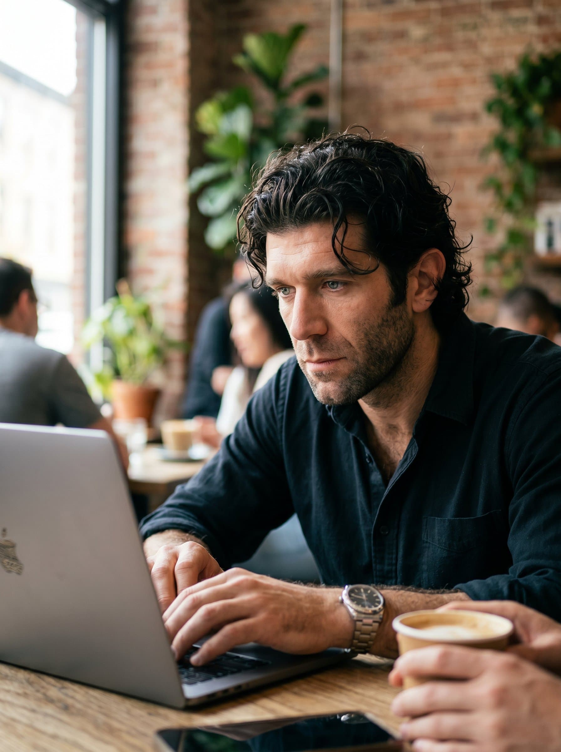 : A modern, sleek headshot set in an urban coffee shop, where the writer is immersed in a laptop screen. Natural lighting from the window casts a soft glow, enhancing a focused and creative aura.