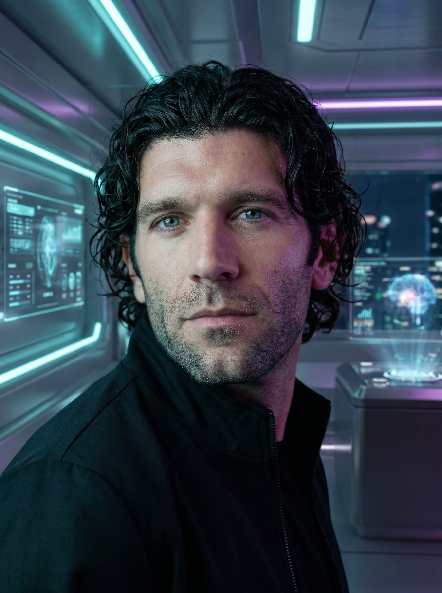 : Headshot of a science fiction writer in a futuristic setting with metallic and neon accents. Soft-focus background suggests a high-tech environment, emphasizing innovation and forward-thinking.