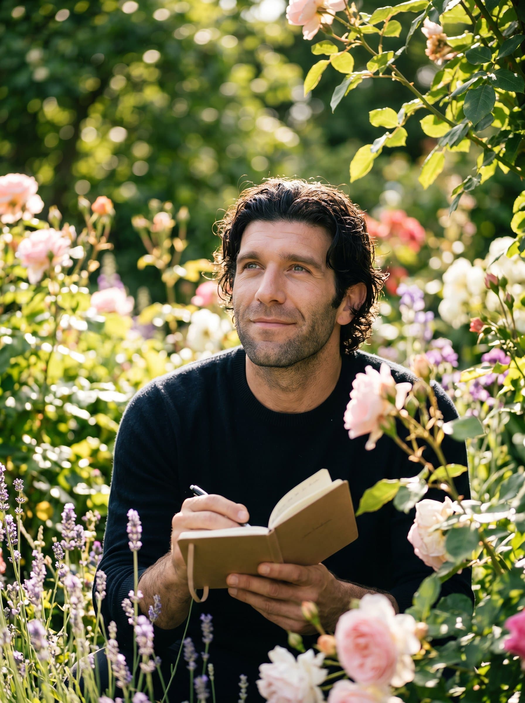 : Headshot of a poet in a serene garden filled with flowers in full bloom. Natural sunlight softens the scene, and the writer holds a small notebook, suggesting inspiration and tranquility.