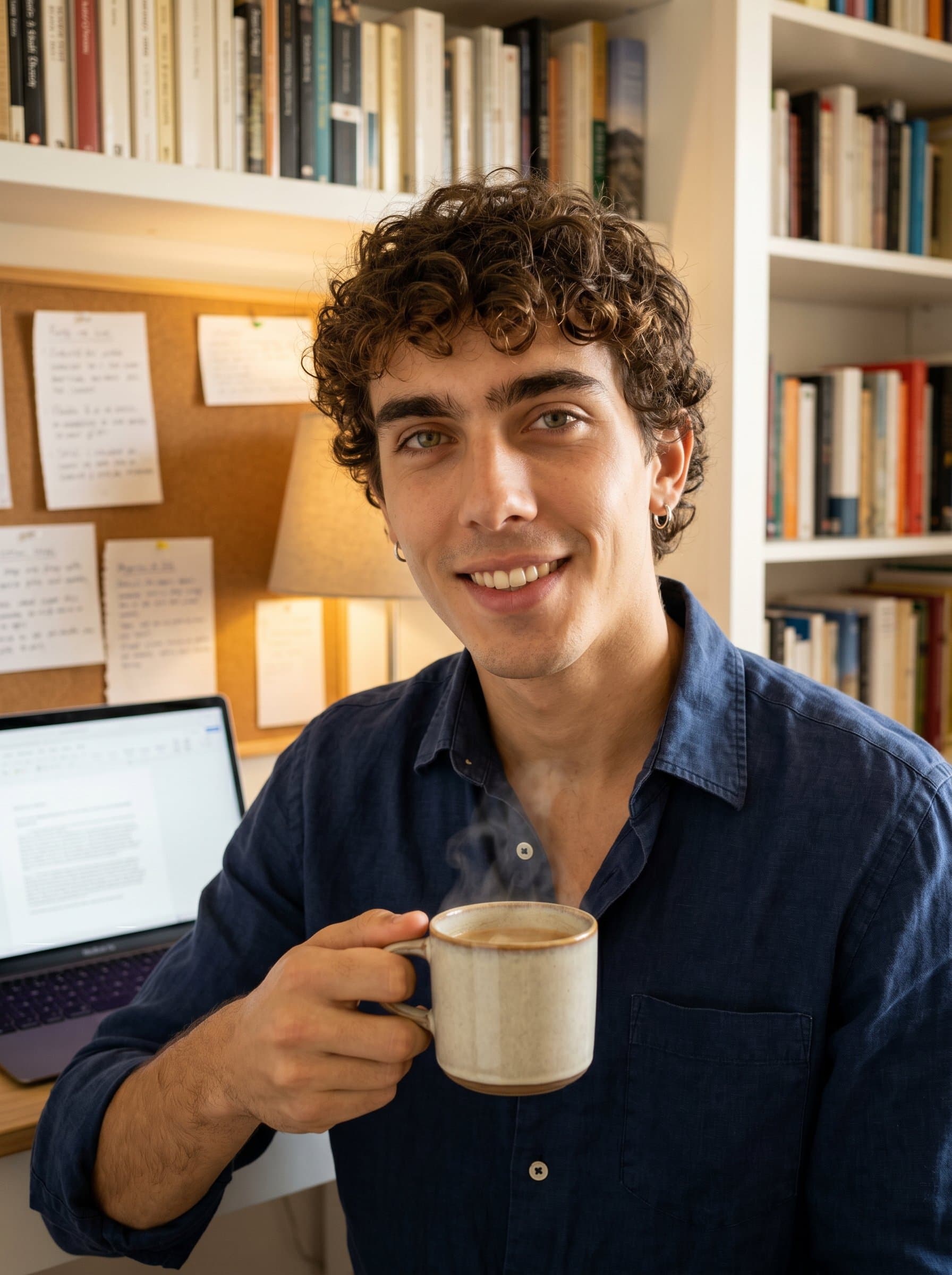 : Casual headshot of a writer in a cozy home office, surrounded by books and notes. A relaxed, approachable vibe with a warm smile and a cup of coffee in hand. Soft, ambient lighting.