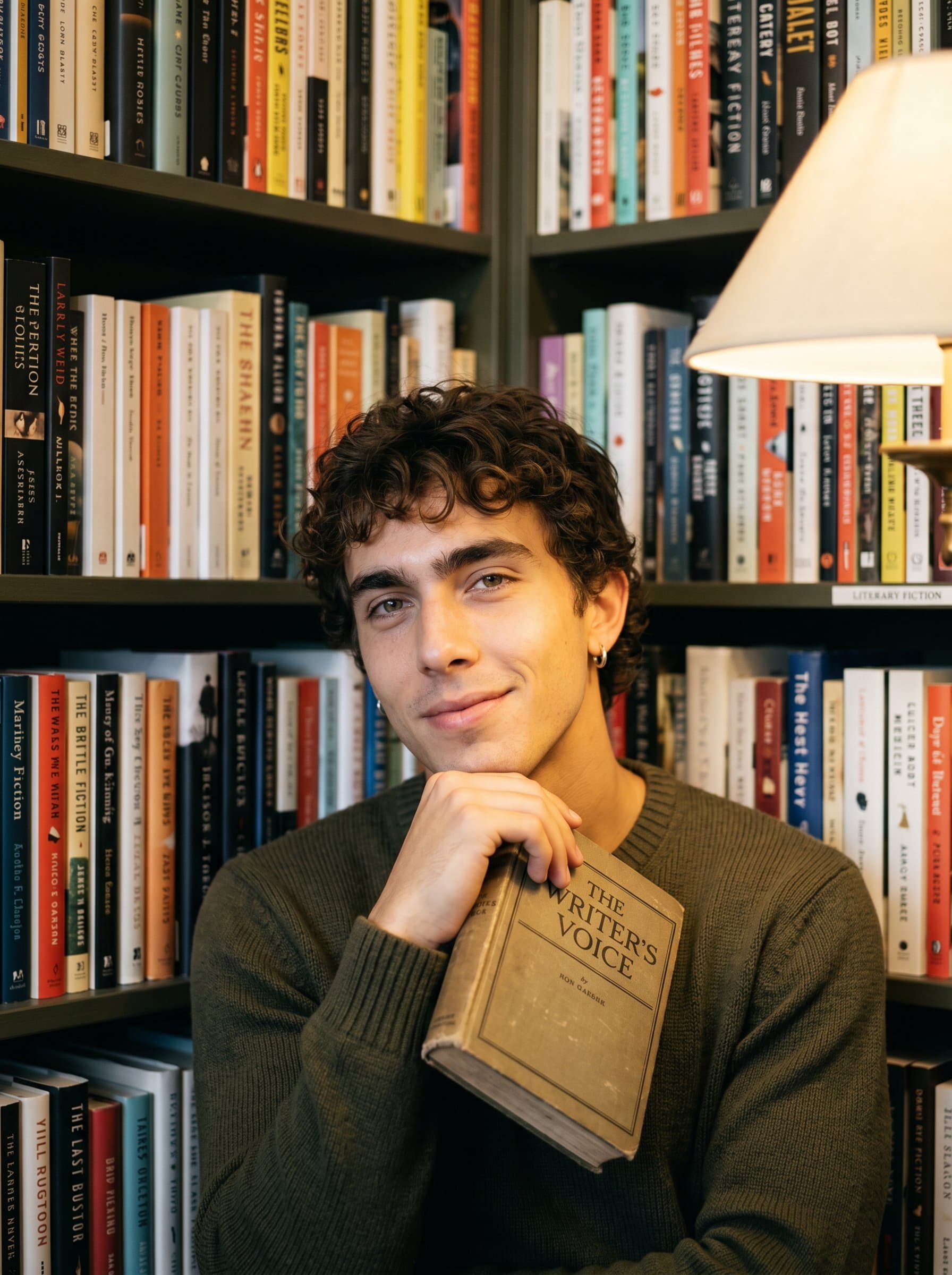 : A cozy, introspective headshot of a writer nestled among books in a quiet corner. Warm, ambient lighting and a gentle smile suggest intelligence and approachability, ideal for a literary fiction author.