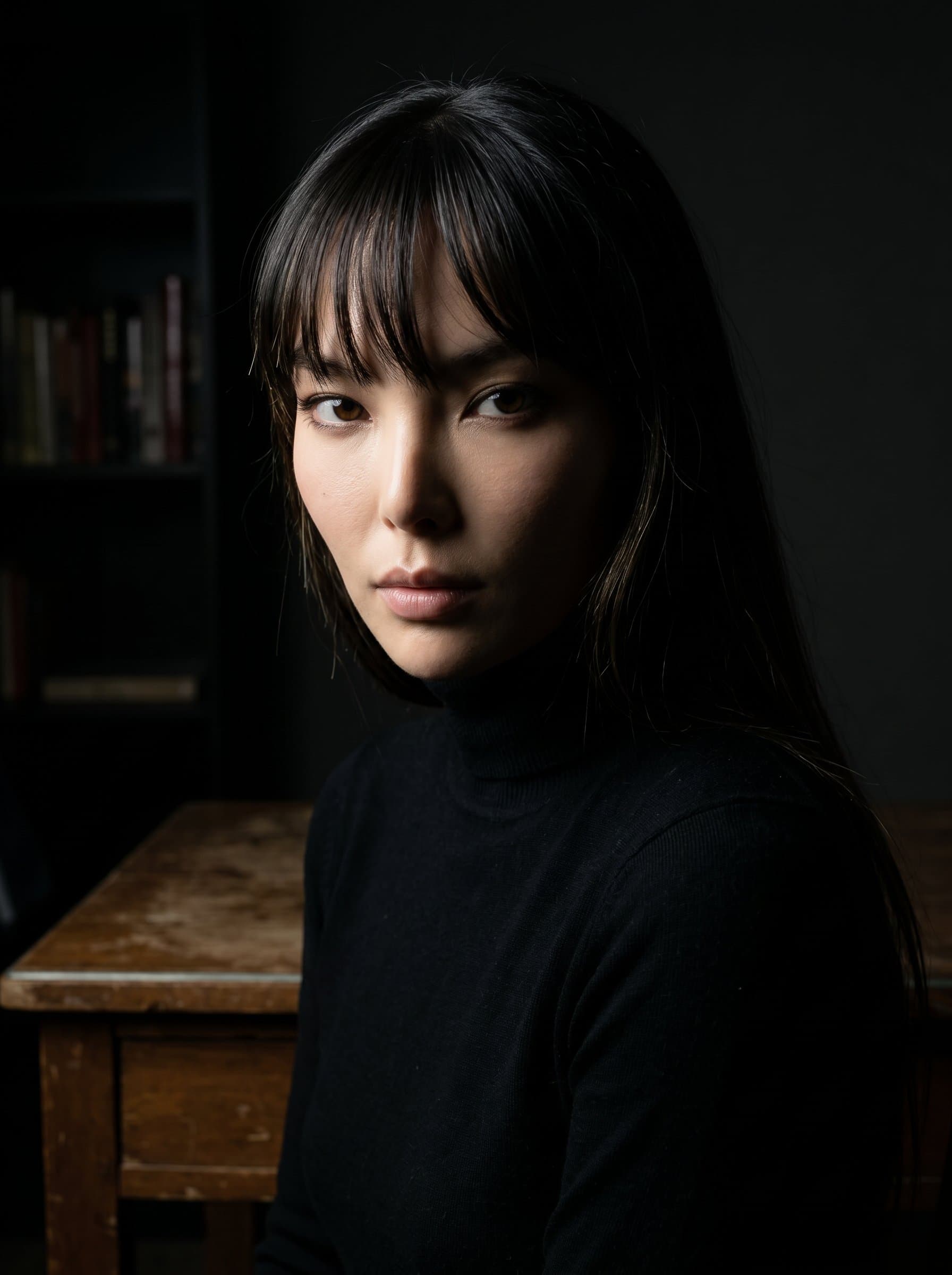 : A dramatic headshot of a thriller author, with intense lighting and shadow play. The setting is minimal, allowing the writer's expression to convey intrigue and suspense.