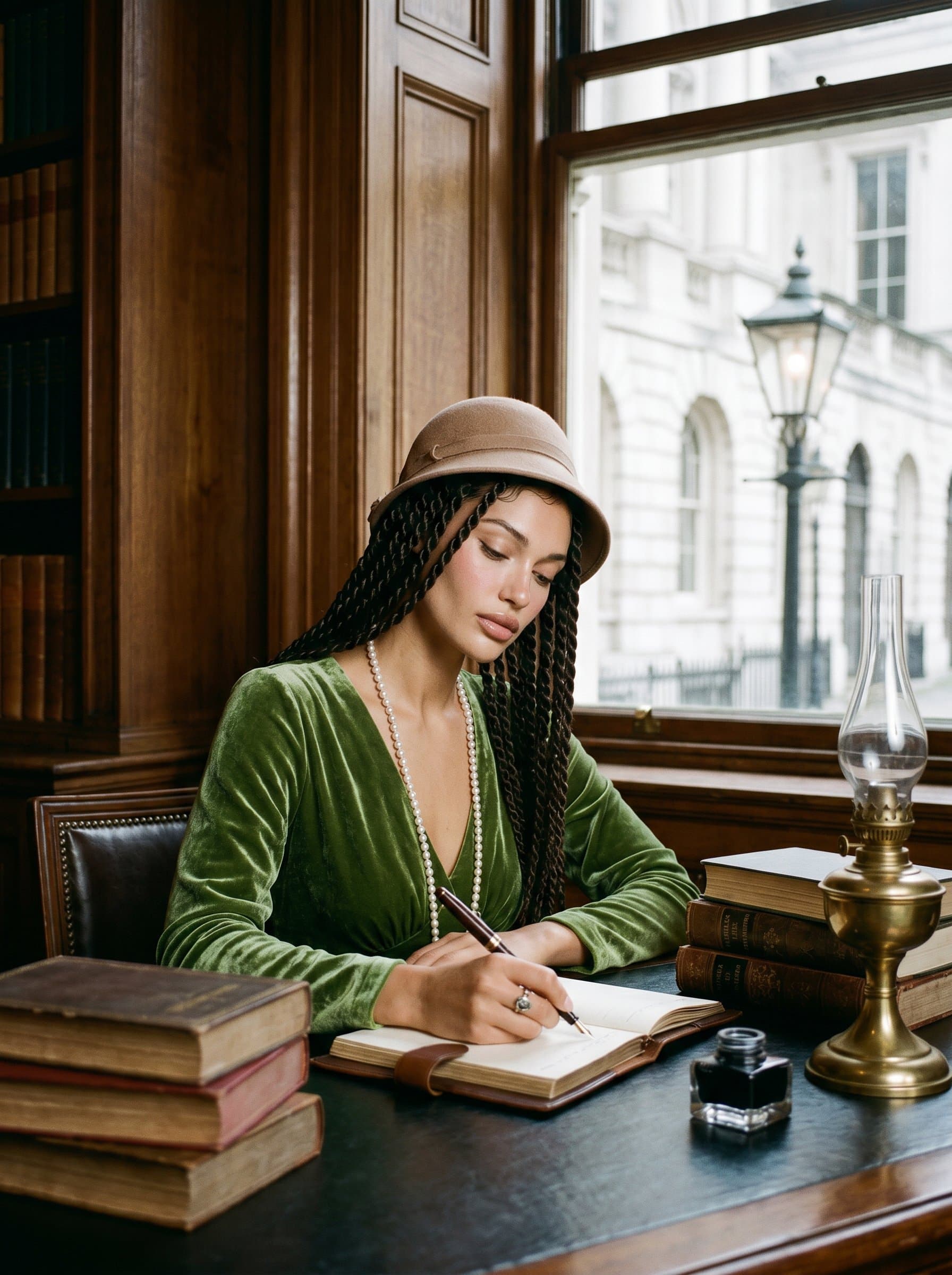 : A historical fiction writer in a setting reminiscent of a bygone era. Vintage clothing and accessories, with a backdrop of period-appropriate architecture, transport the viewer to another time.