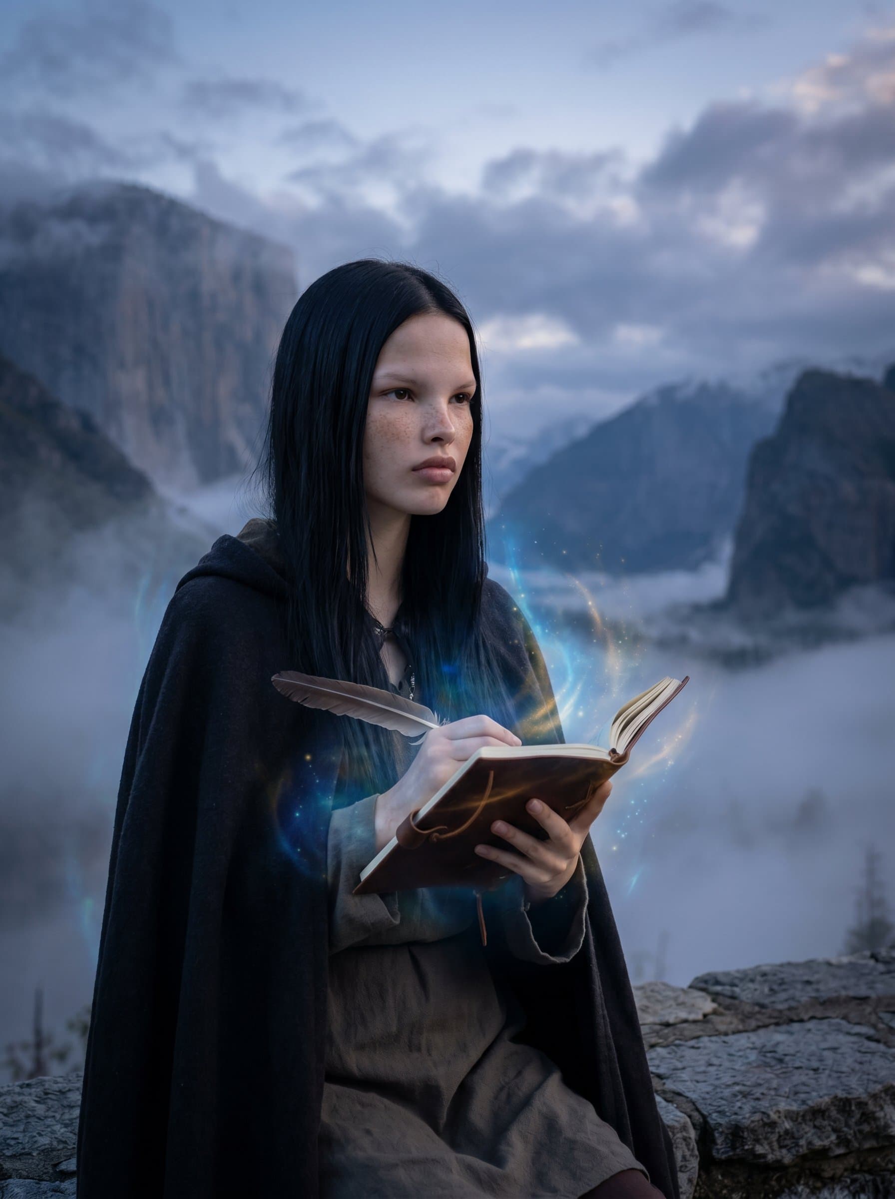 : A fantasy writer with a majestic landscape of mountains and mist in the background. The subtle glow around the writer hints at enchantment, while a cloak adds mystery to the persona.