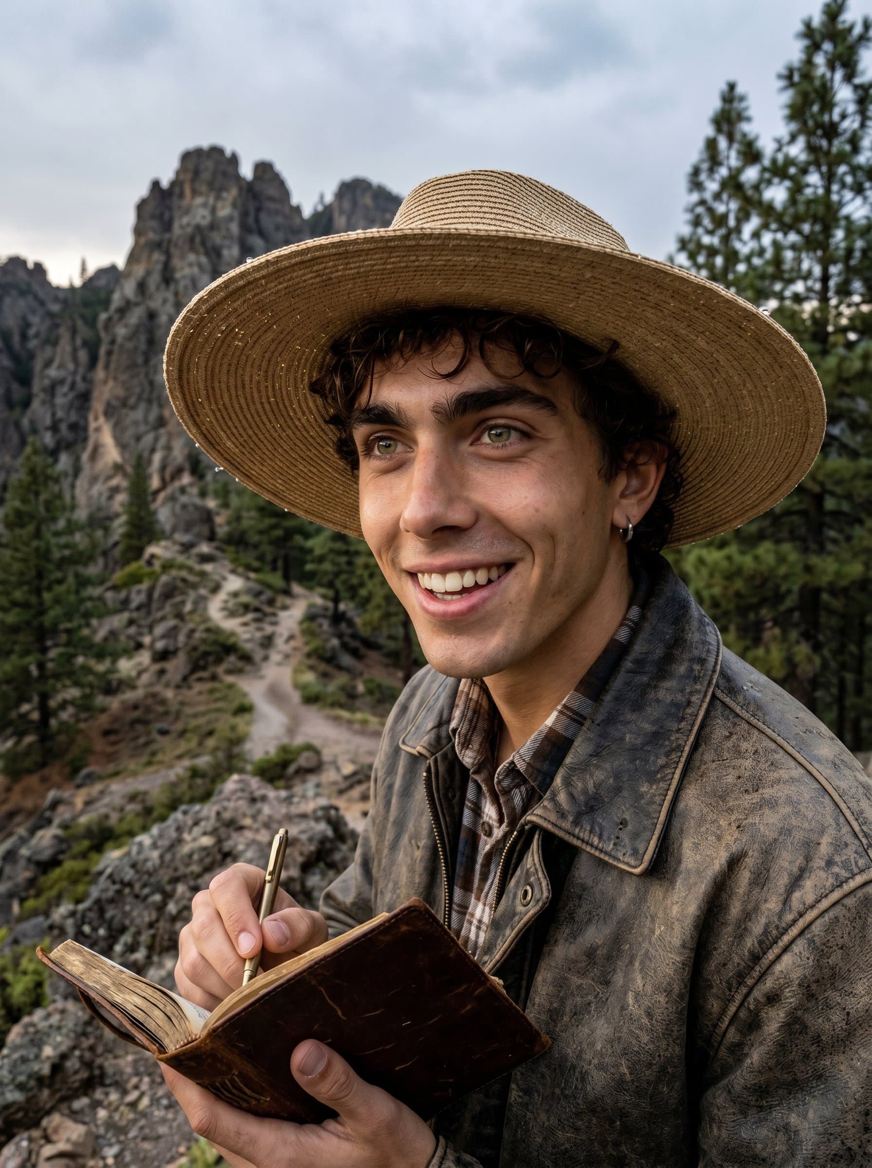 : An adventure genre writer captured mid-exploration in a rugged outdoor environment. The headshot conveys excitement and curiosity, with elements of the landscape enhancing the adventurous spirit.
