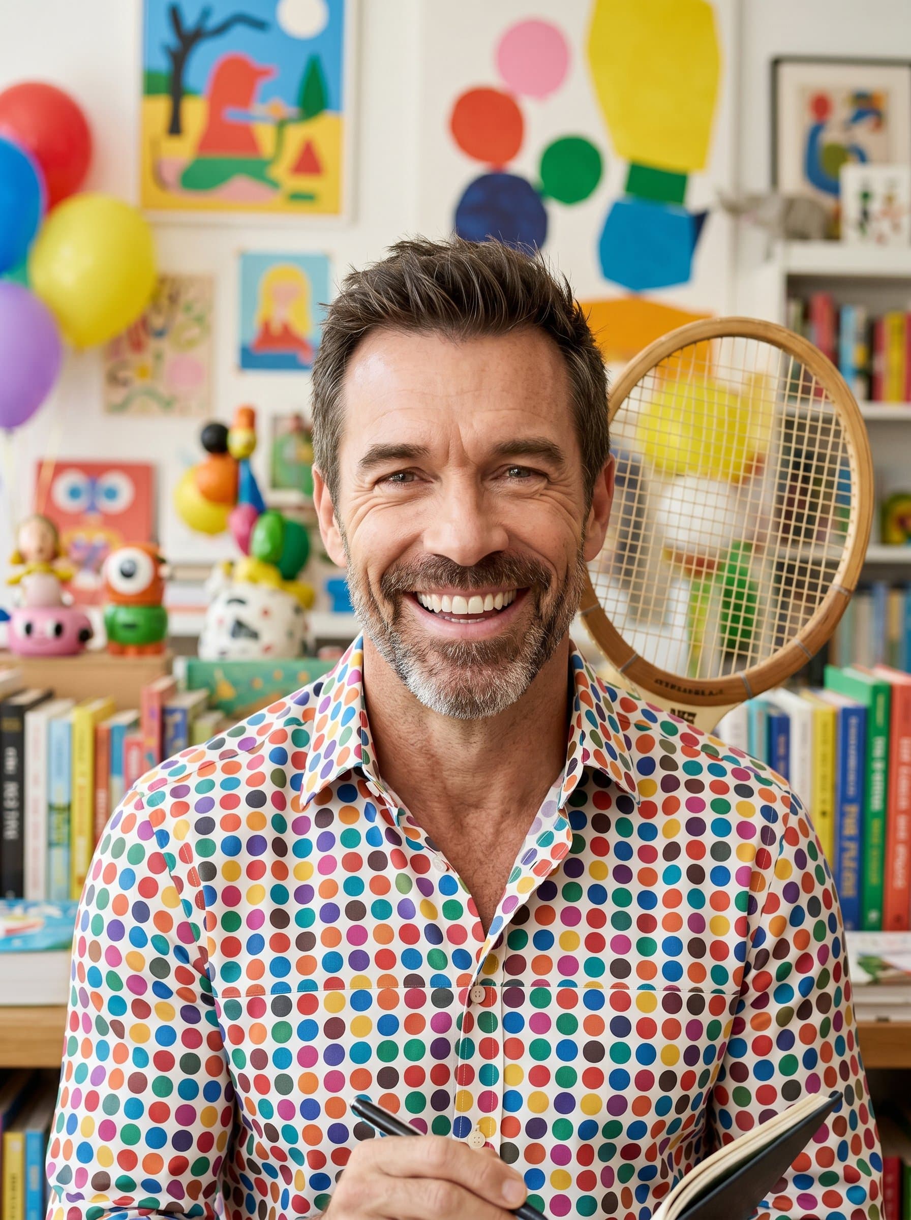 : A lively headshot of a humor writer in a playful, colorful environment. The cheerful backdrop and friendly smile make the viewer feel at ease, capturing the essence of joy and wit.