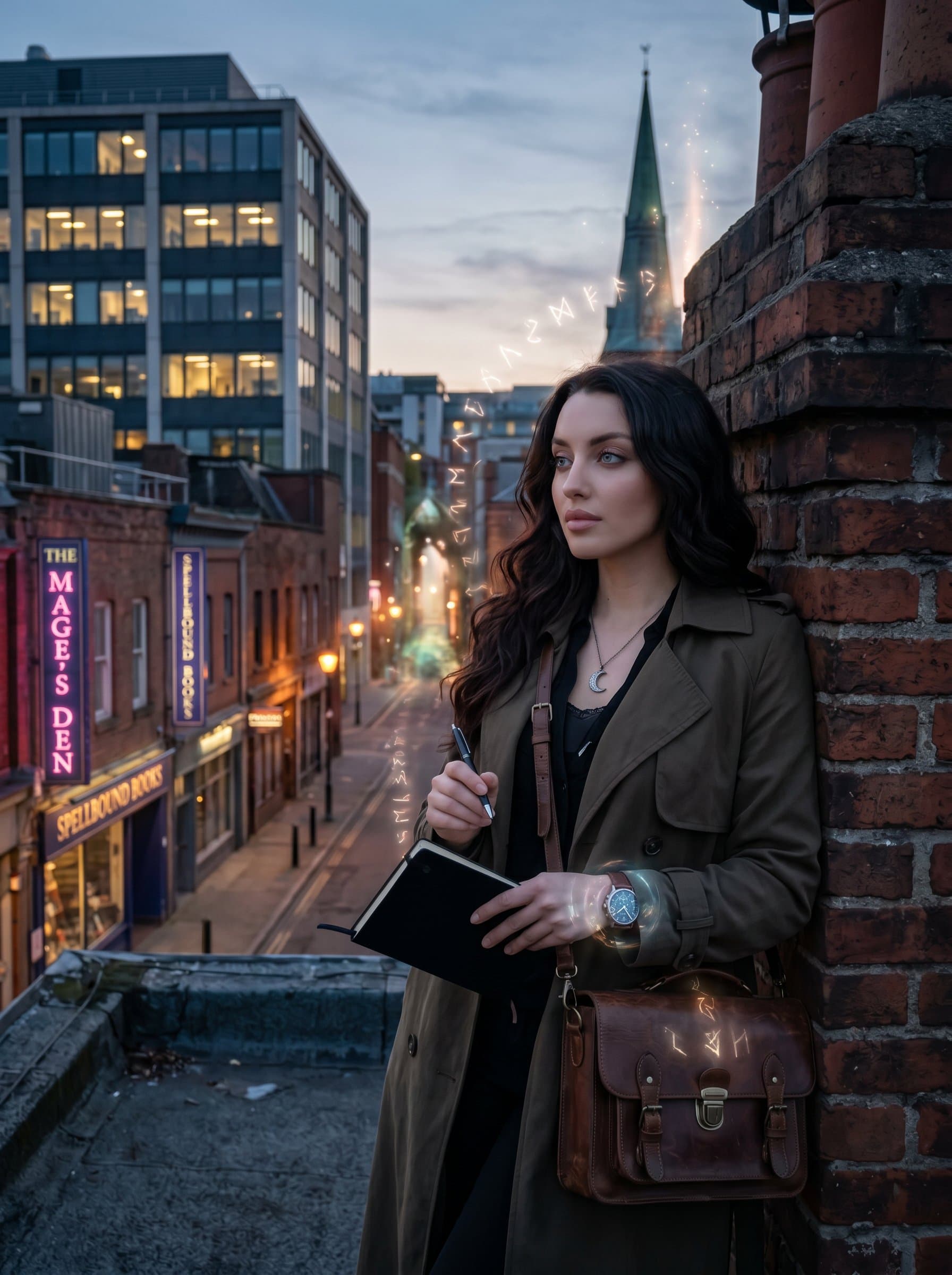 : An urban fantasy writer posed against a gritty cityscape at dusk. The blend of natural and artificial lights creates a magical realism effect, enhancing the modern mystique of the writer.