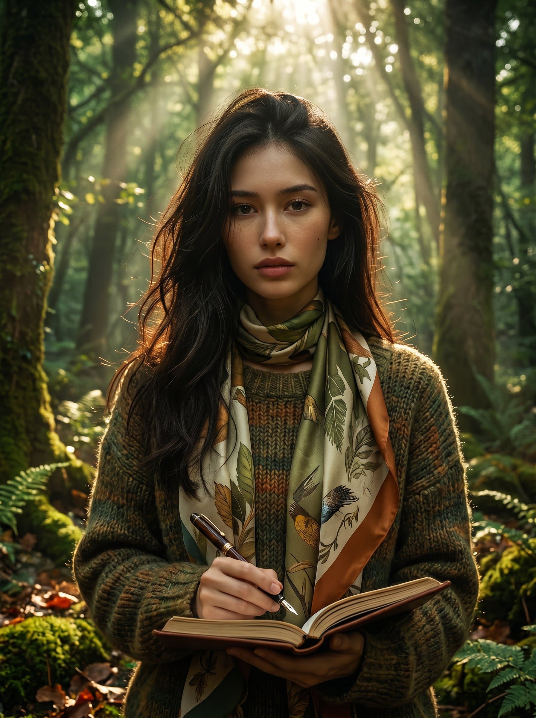 : Artistic headshot of a writer in a woodland setting, blending with nature. The sunlight filters through the trees, creating a mystical atmosphere. Earthy tones and a flowing scarf add to the ethereal look.