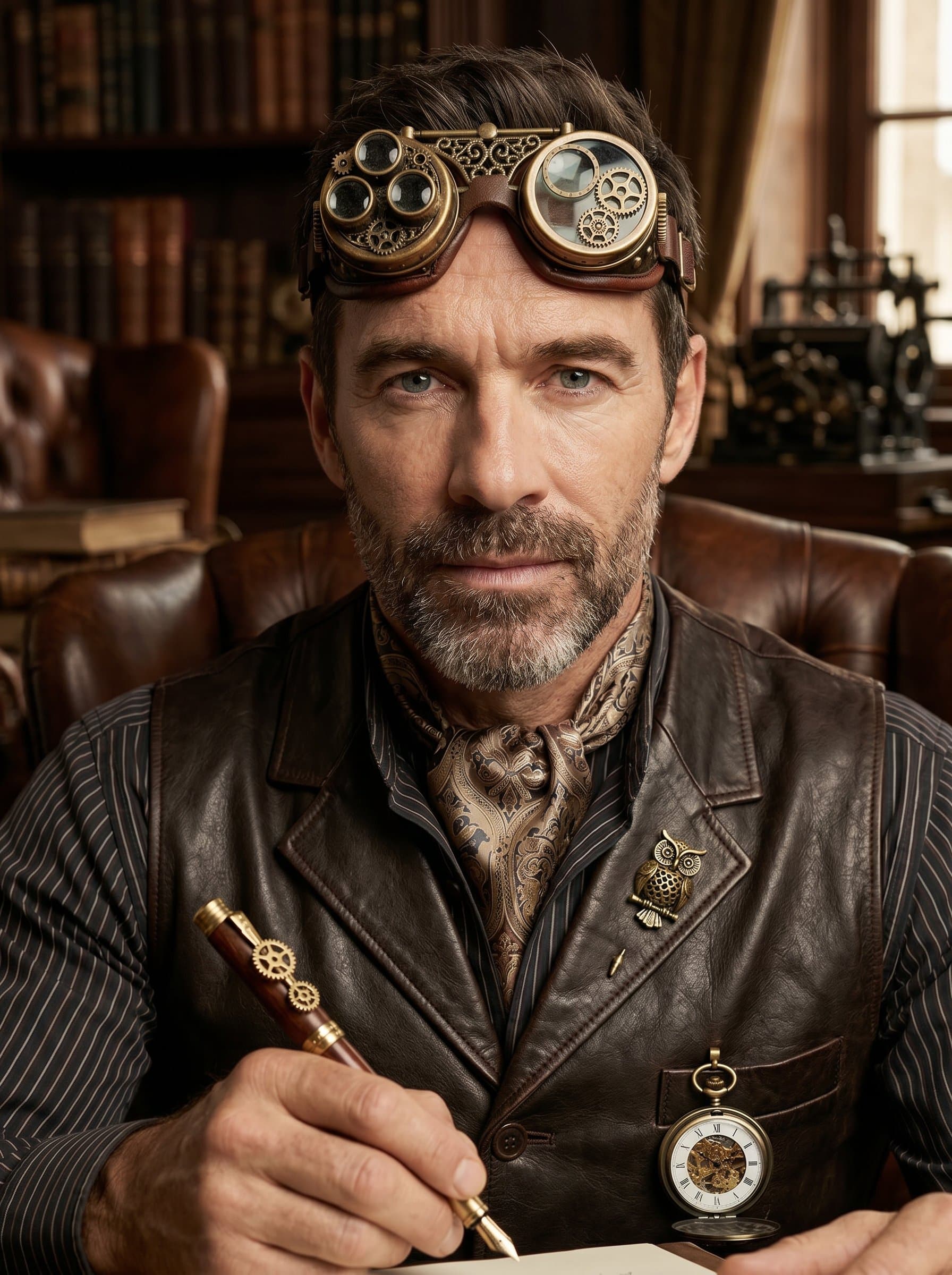 : Steampunk-inspired headshot for a writer, featuring intricate goggles and Victorian-era attire. The rich textures and unique accessories suggest a world of imaginative storytelling and innovation.