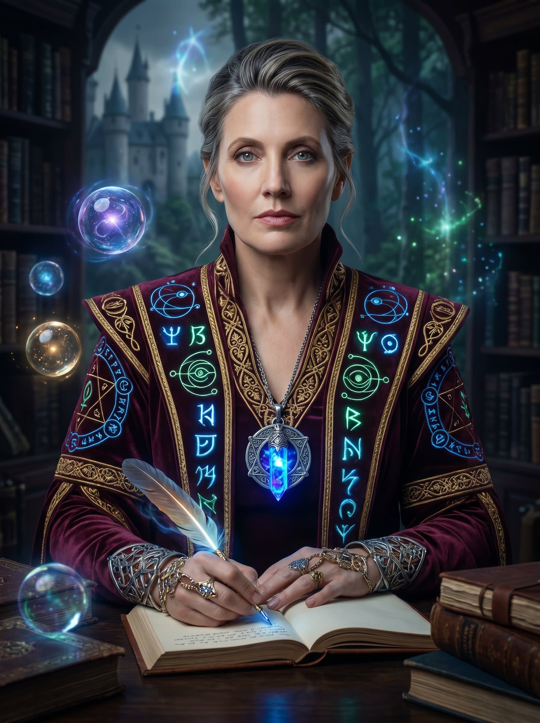 : Fantasy-inspired headshot with the writer as an enigmatic figure in a mystical world. Elaborate clothing and mythical elements, such as glowing runes or magical artifacts, create a sense of wonder and imagination.