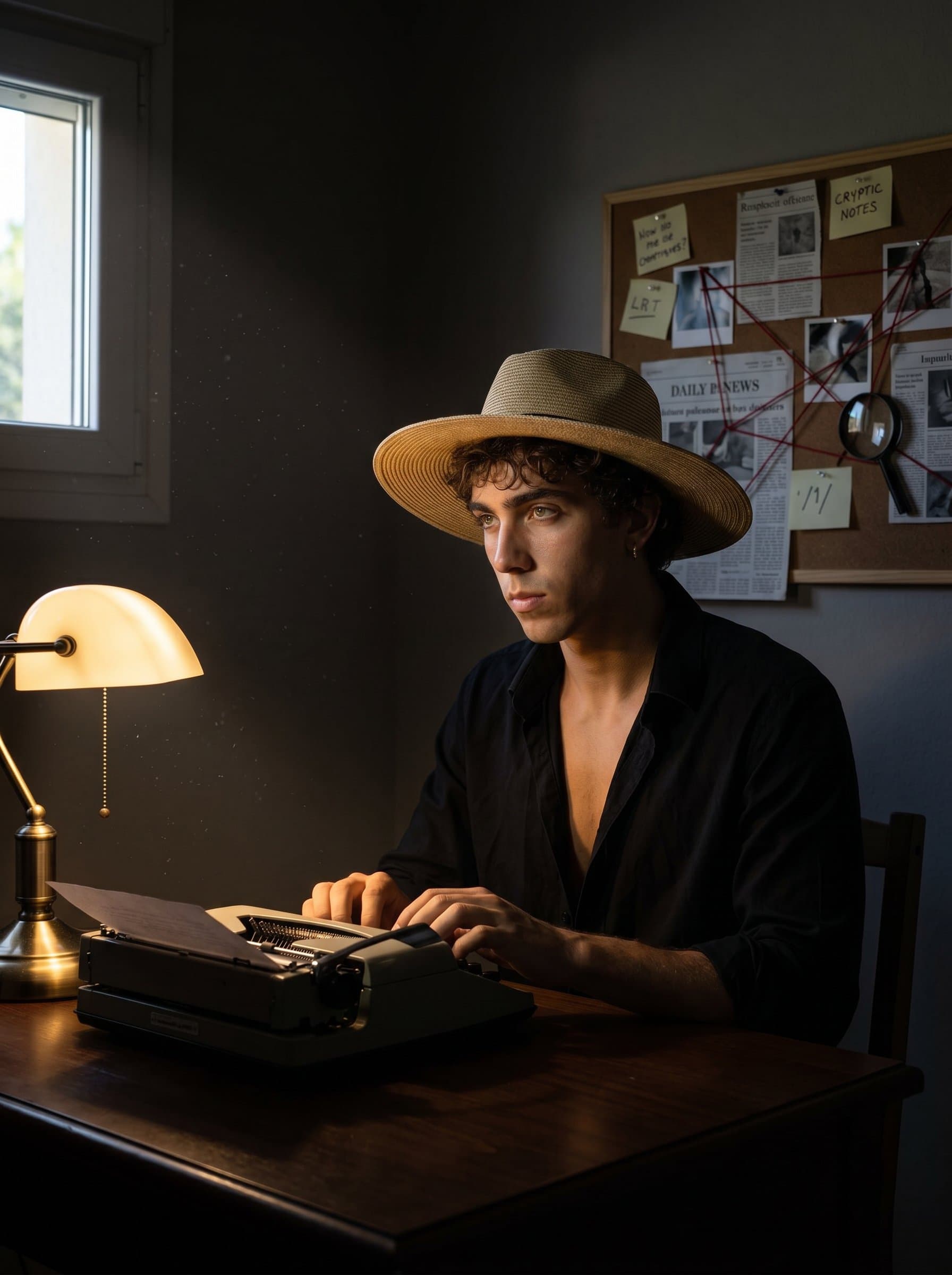 : A mystery writer enveloped in an enigmatic, shadowy setting. Dim lighting and subtle hints of clues in the background add an air of intrigue, suggesting depth and complexity.