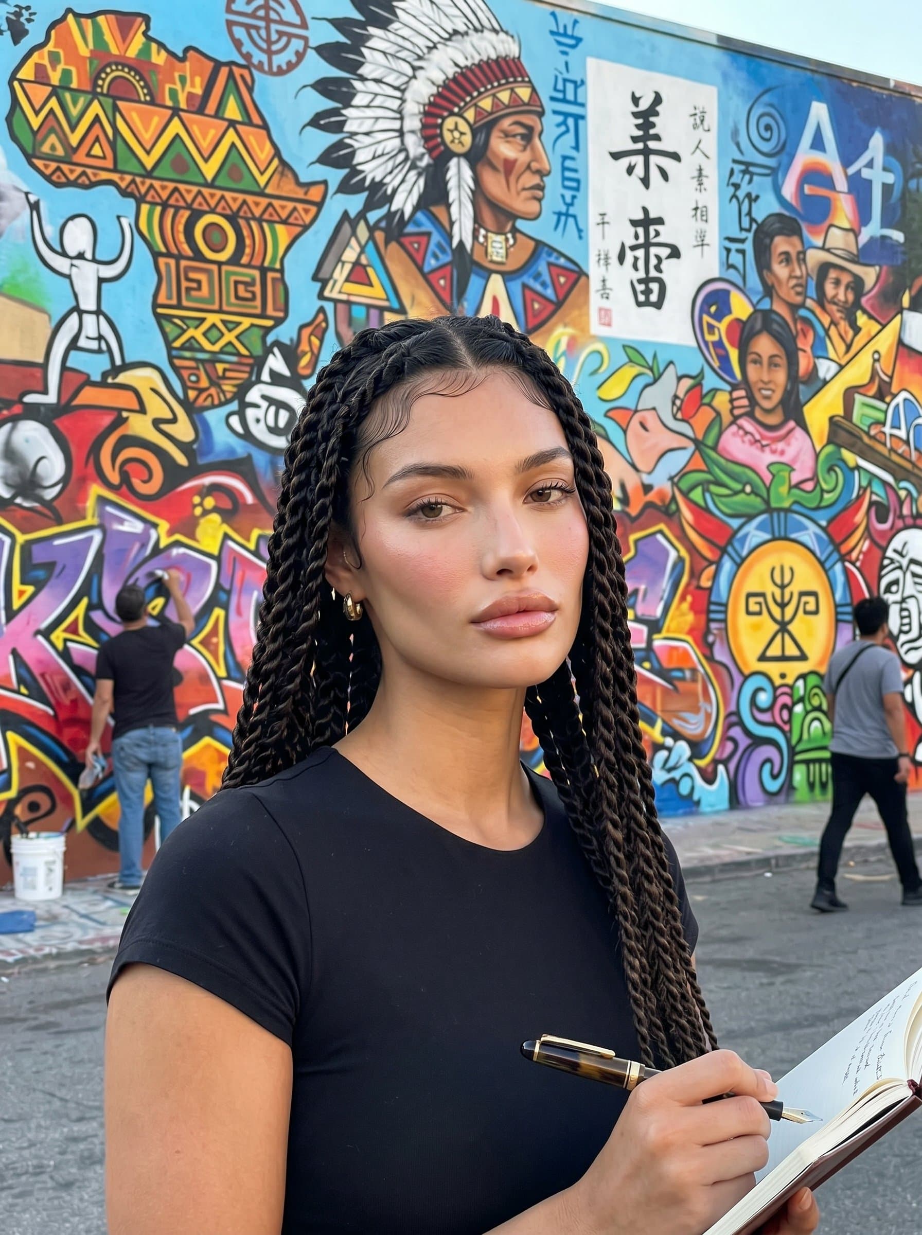 : A writer positioned against a vibrant mural that reflects diverse cultures and stories. The energetic background contrasts with the calm, confident expression, blending creativity and cultural awareness.