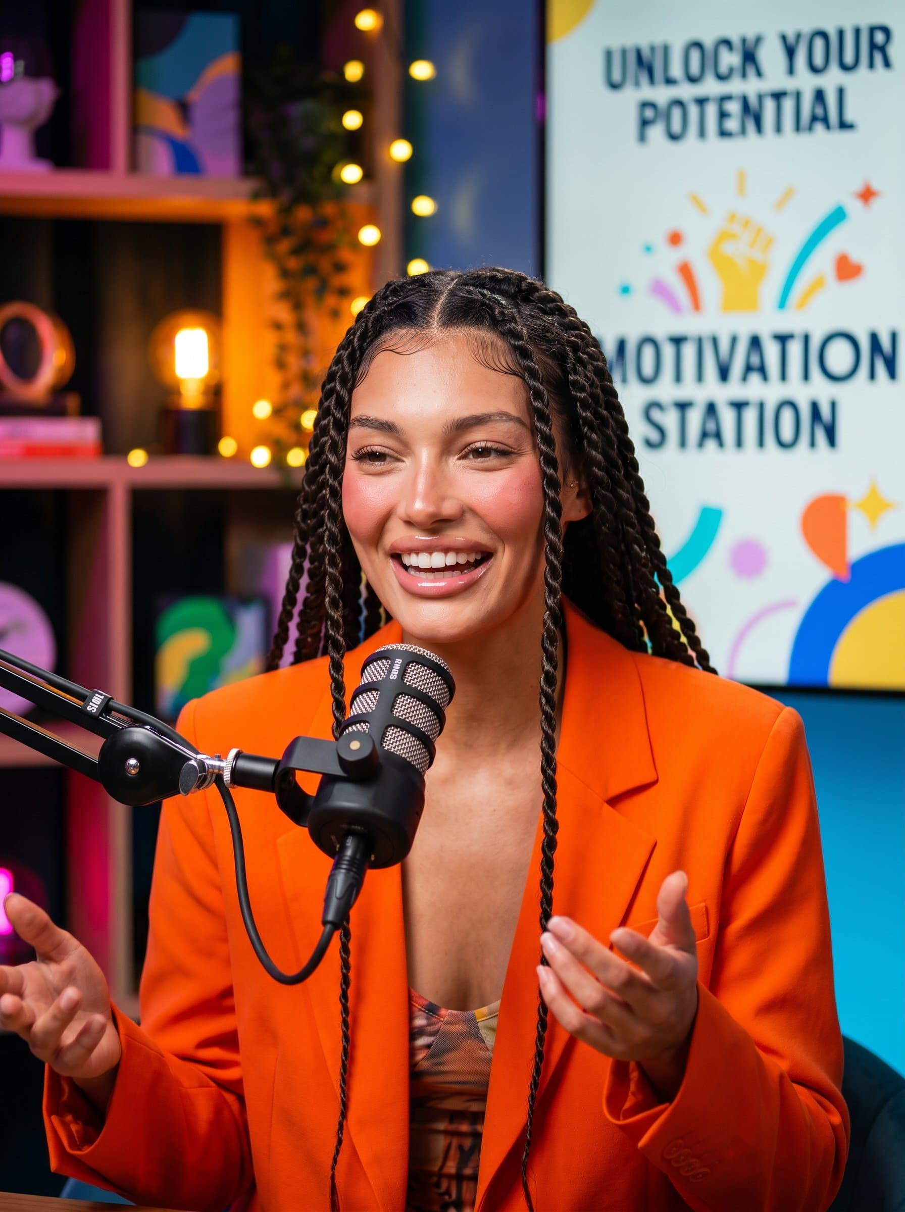 Lively and engaging photorealistic portrait of a podcaster exuding warmth, set against a vibrant, colorful backdrop symbolizing motivational speaking, radiating energy and positivity, with a friendly and approachable expression.