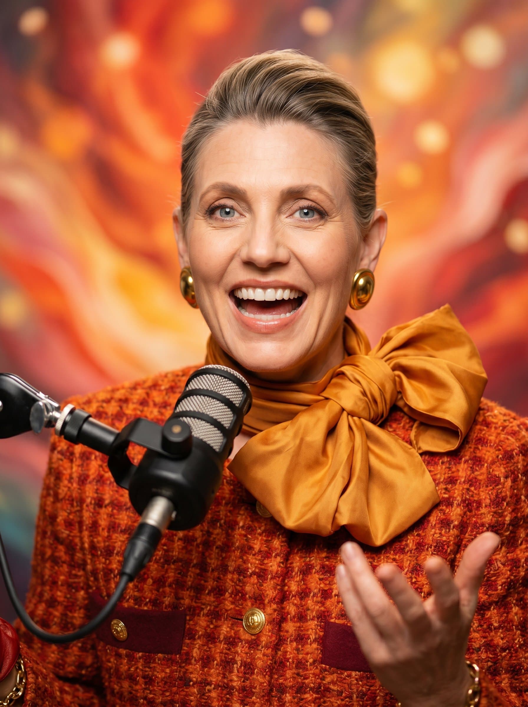 Colorful headshot of a motivational speaker, featuring a lively expression, with an artistic blend of warm hues in the background, capturing the essence of their vibrant and captivating podcast persona.