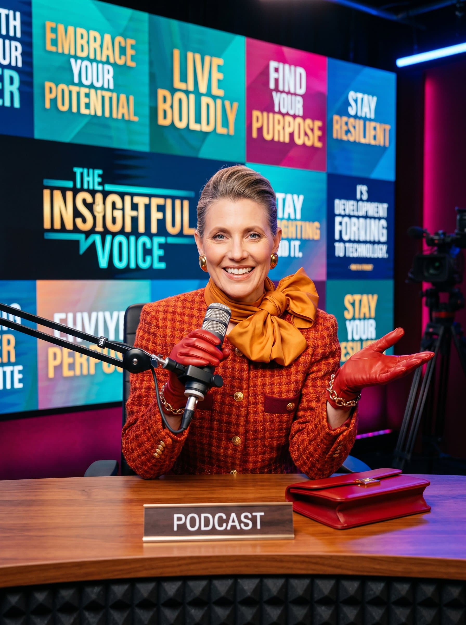 Expressive image of a podcast host, featuring a welcoming smile and an engaging posture, set against a backdrop with motivational quotes in vibrant colors symbolizing their role as a motivational speaker.