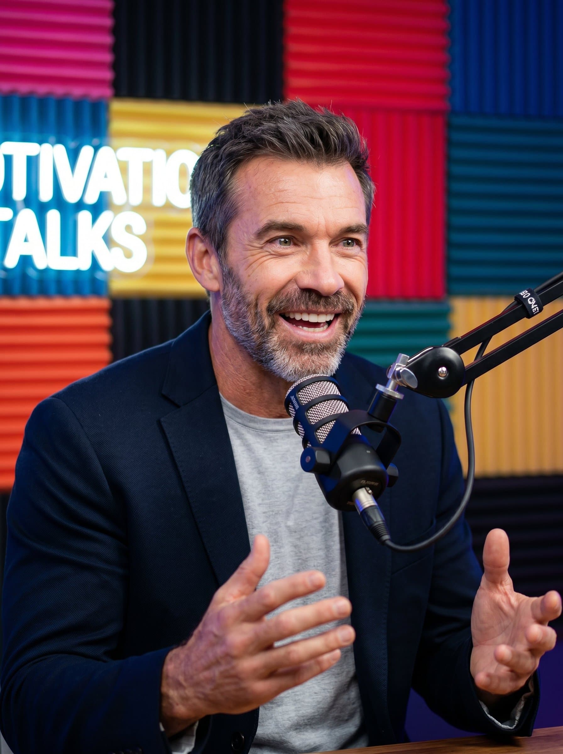 Dynamic headshot of a motivational podcast host, vibrant colors reflecting enthusiasm, captured in a moment of animated expression, showcasing their charisma and inviting personality, set in a studio-like setting.