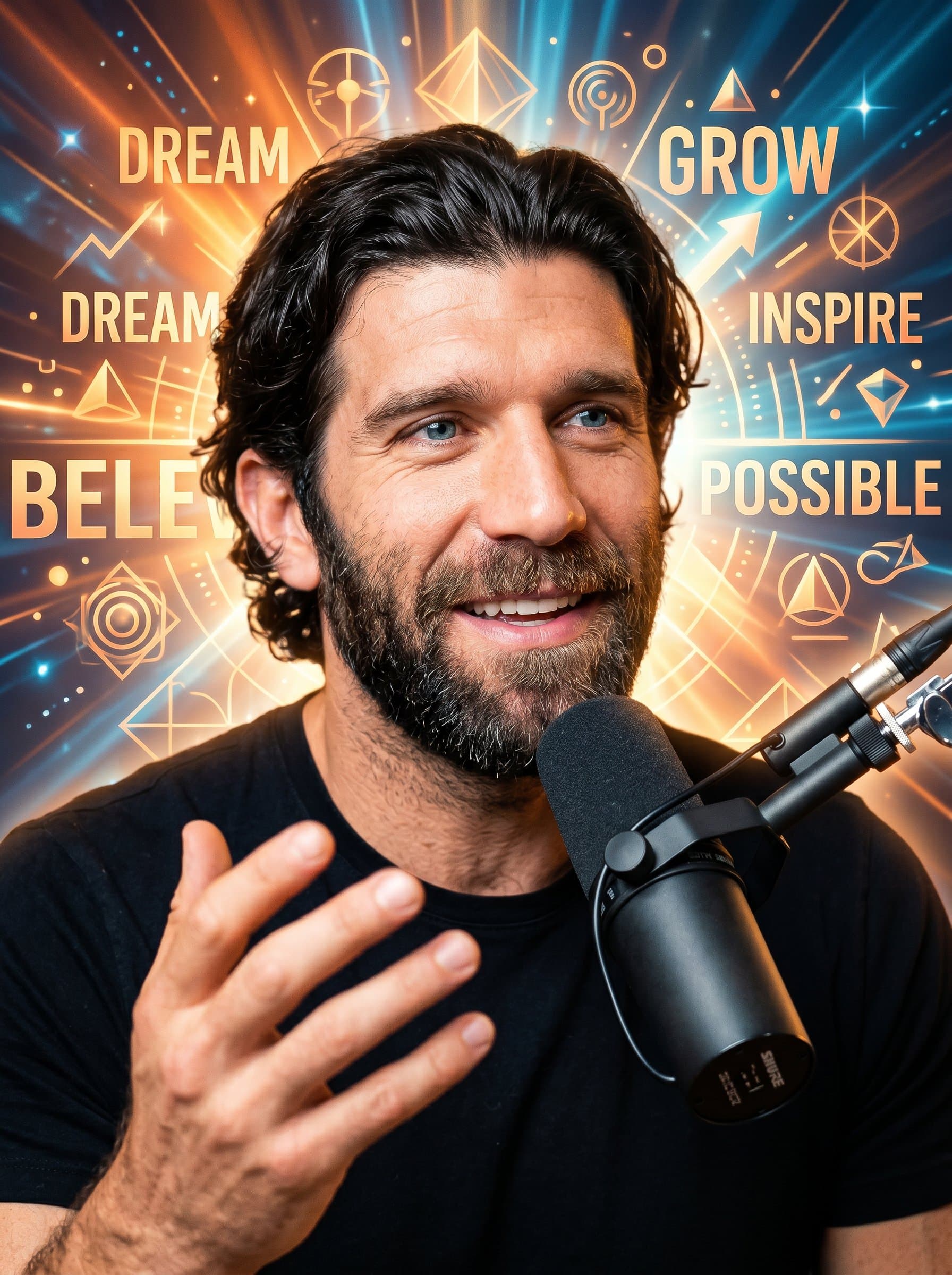 Radiant image of a podcast host, showcasing a thoughtful yet enthusiastic expression, with a background of abstract motivational symbols, embodying their inviting nature and inspiring presence.