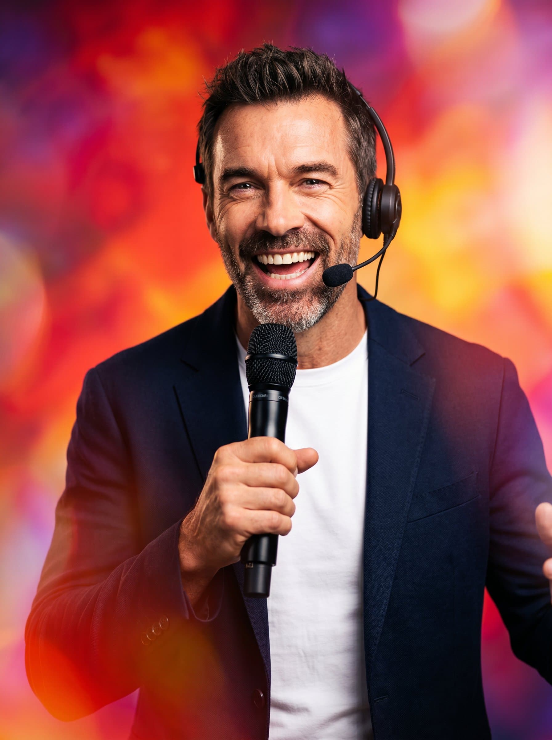 Vibrant image capturing a podcaster's charismatic expression, set against a warm-hued abstract backdrop, reflecting their motivational spirit and engaging personality in a visually striking manner.