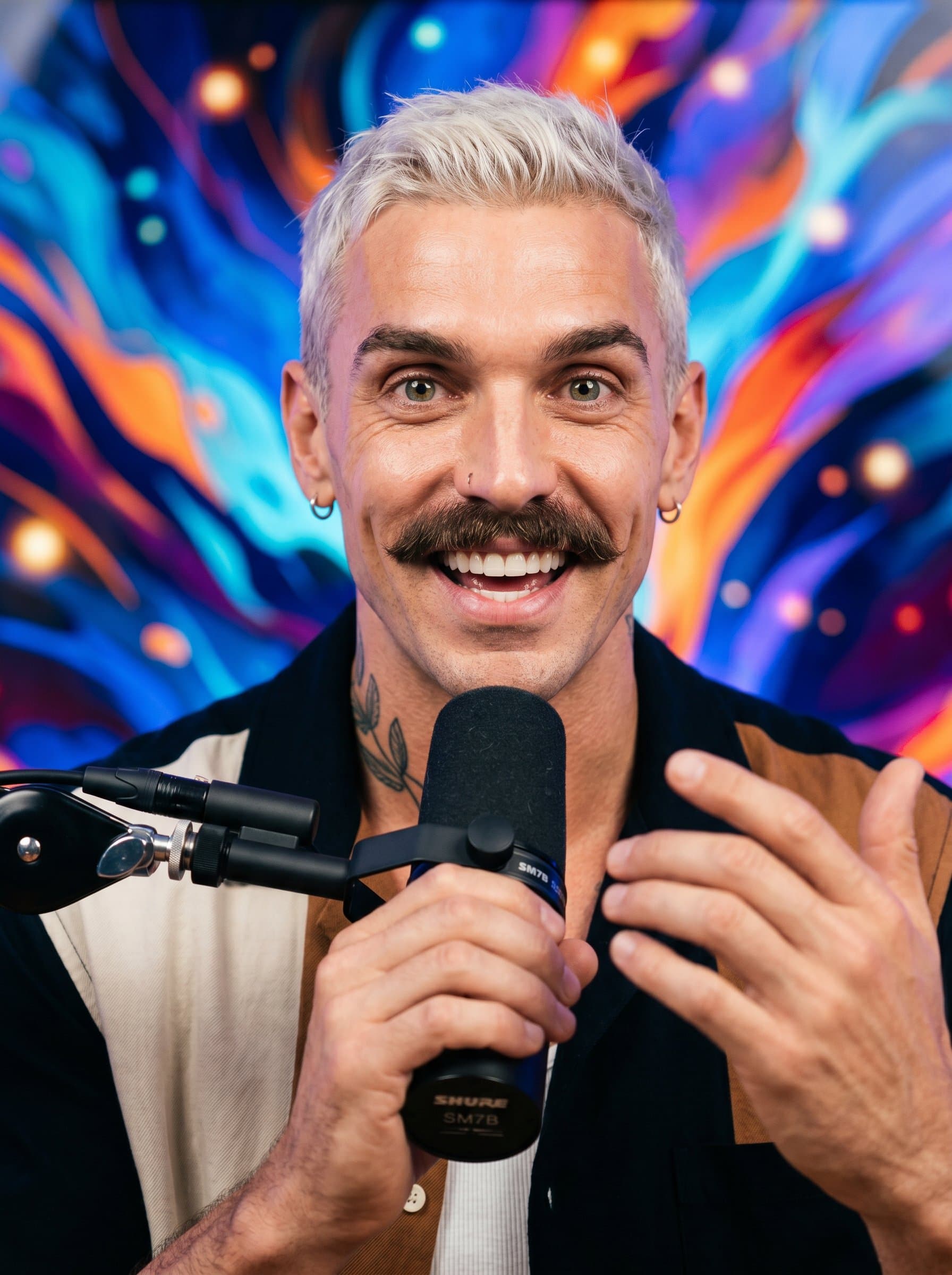 Radiant portrait of a podcaster, showcasing a captivating smile and animated eyes, surrounded by a lively, abstract background, conveying the charisma and dynamic energy typical of motivational speaking.