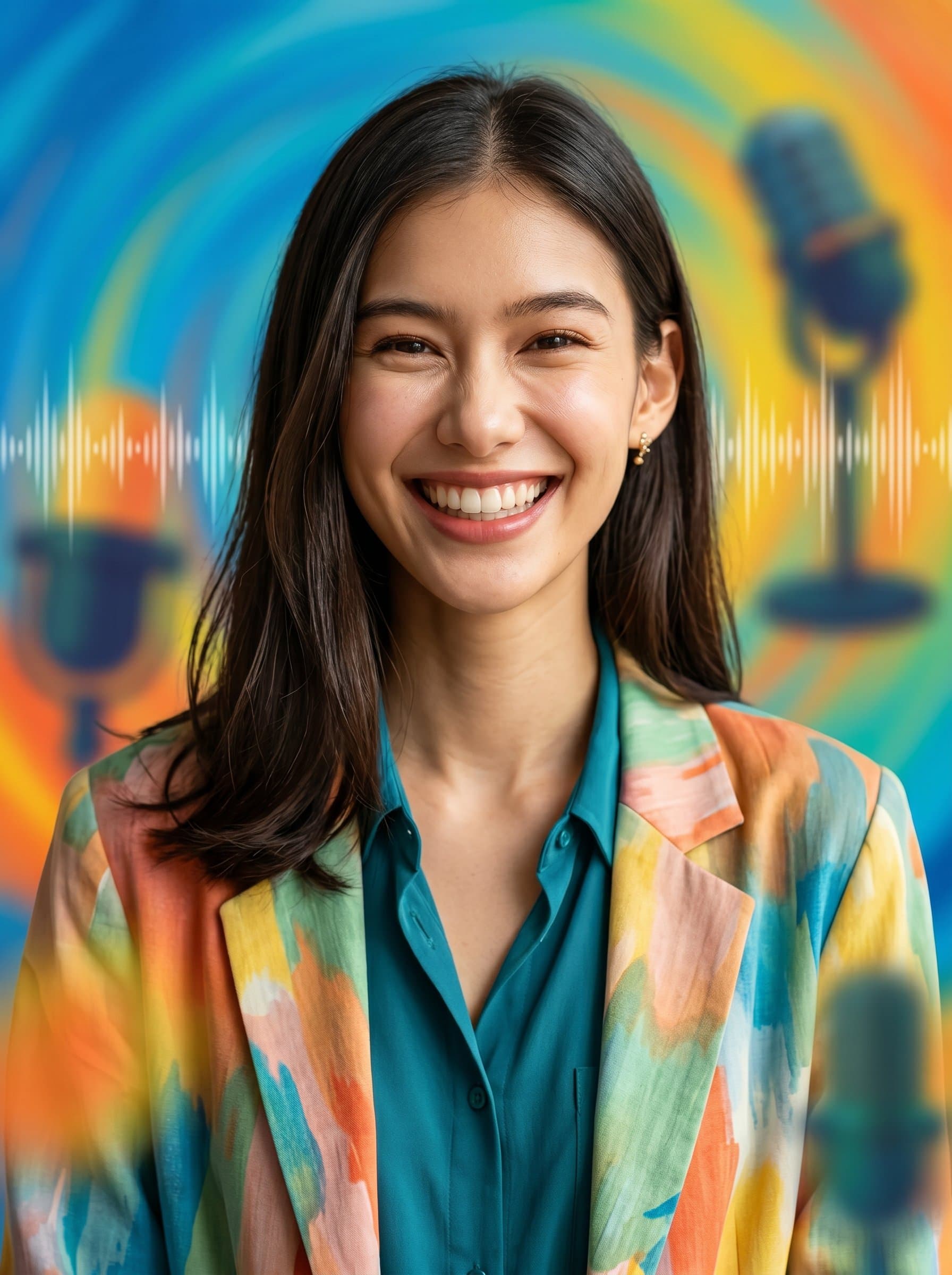Inviting headshot of a motivational speaker, spotlighting a genuine smile and lively eyes, set within a backdrop of swirling colors that mirror their dynamic and encouraging approach to podcasting.