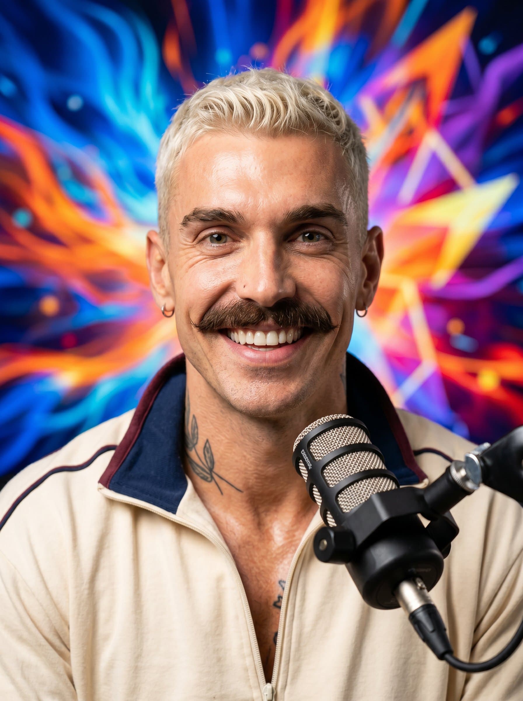 Engaging headshot of a motivational podcast host, featuring a bright, welcoming smile and lively eyes, set against an abstract background in vivid colors, symbolizing their dynamic and inspiring nature.