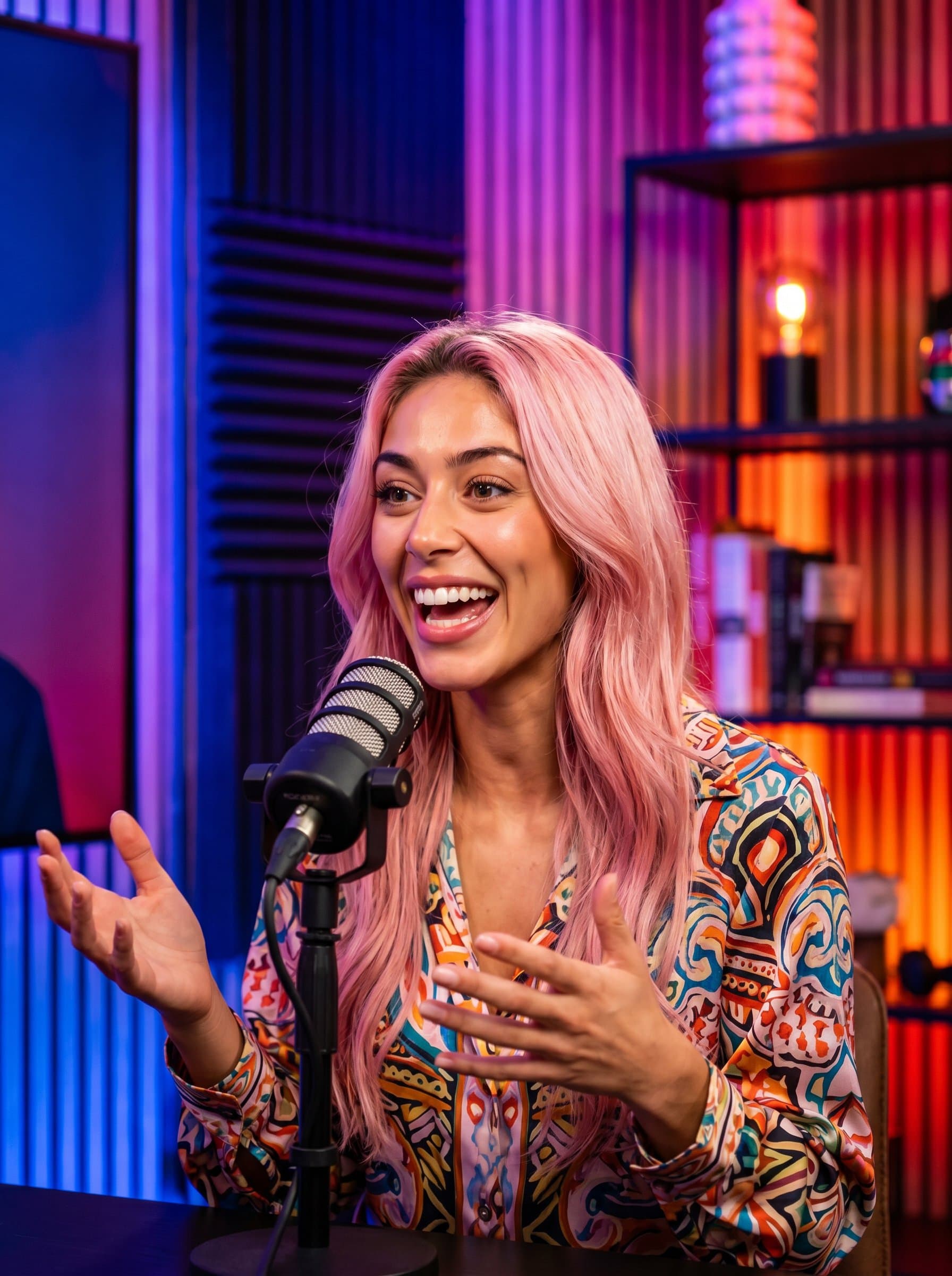 Lively image of a podcast host with an enthusiastic expression, set against a vibrant, colorful background, embodying the energy and warmth of a motivational speaker's presence.