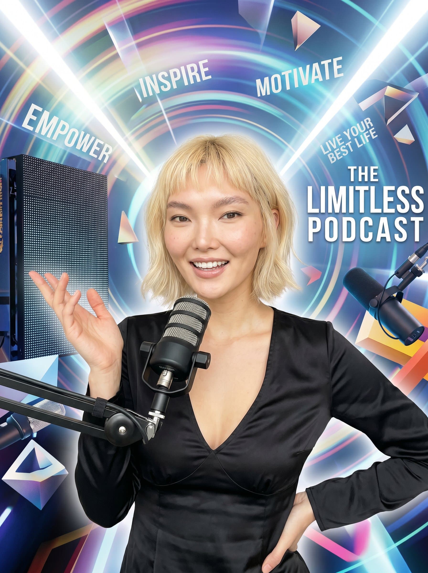 Photorealistic portrait of a podcast host in a dynamic pose, with an expressive face and inviting gaze, surrounded by a colorful, swirling abstract background highlighting their motivational speaker role.