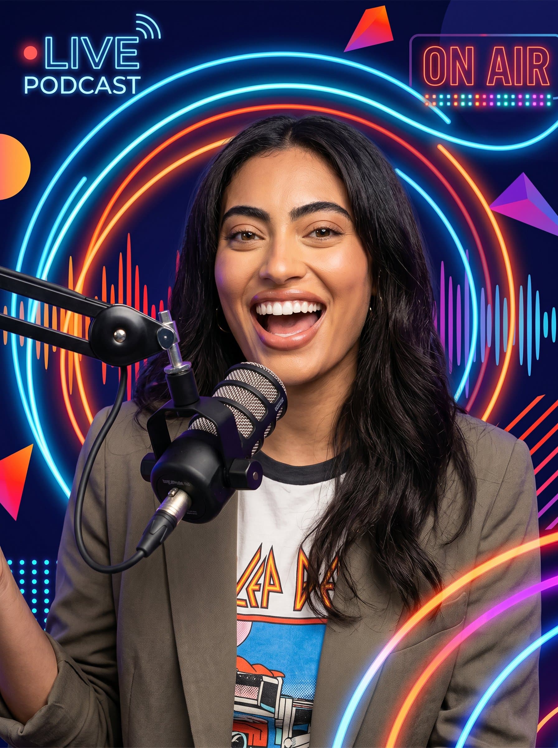 Energetic portrait of a podcaster, featuring a bright smile and expressive eyes, surrounded by a backdrop of dynamic lines and vibrant colors, conveying their enthusiasm and engaging nature.