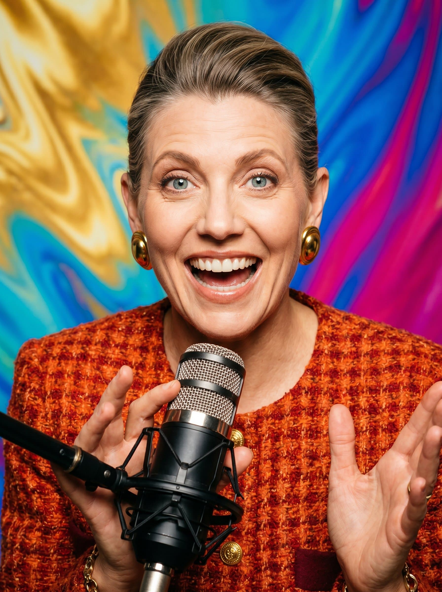 Energetic portrait of a podcast host, showcasing a beaming smile and lively eyes, with a backdrop of swirling colors, highlighting the charismatic and engaging nature of their motivational content.